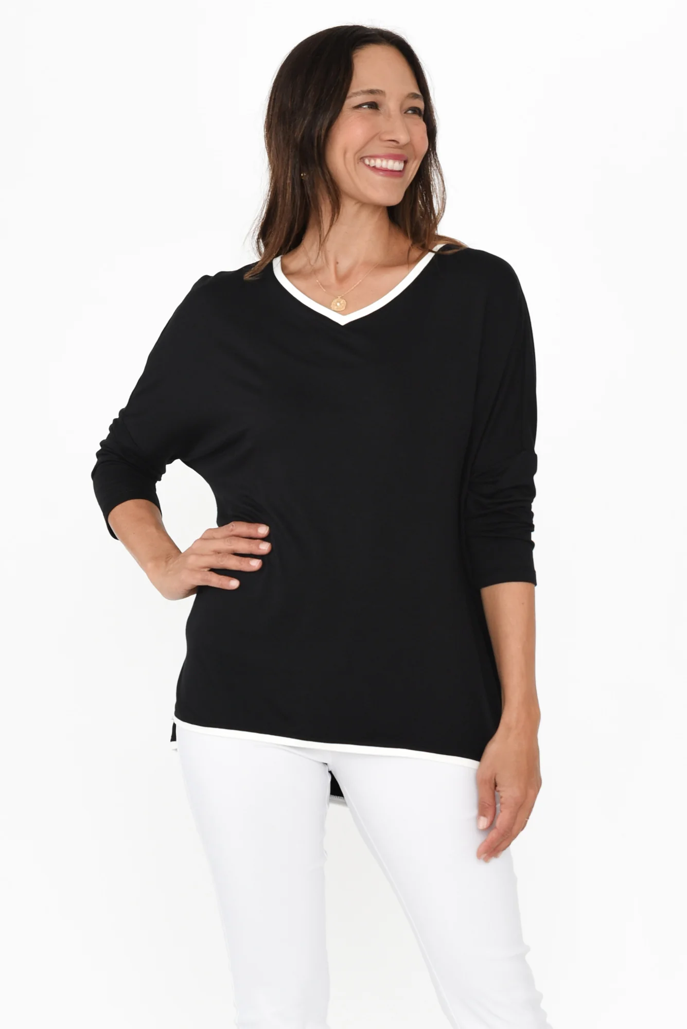 Adina Black Contrast 3/4 Sleeve Top