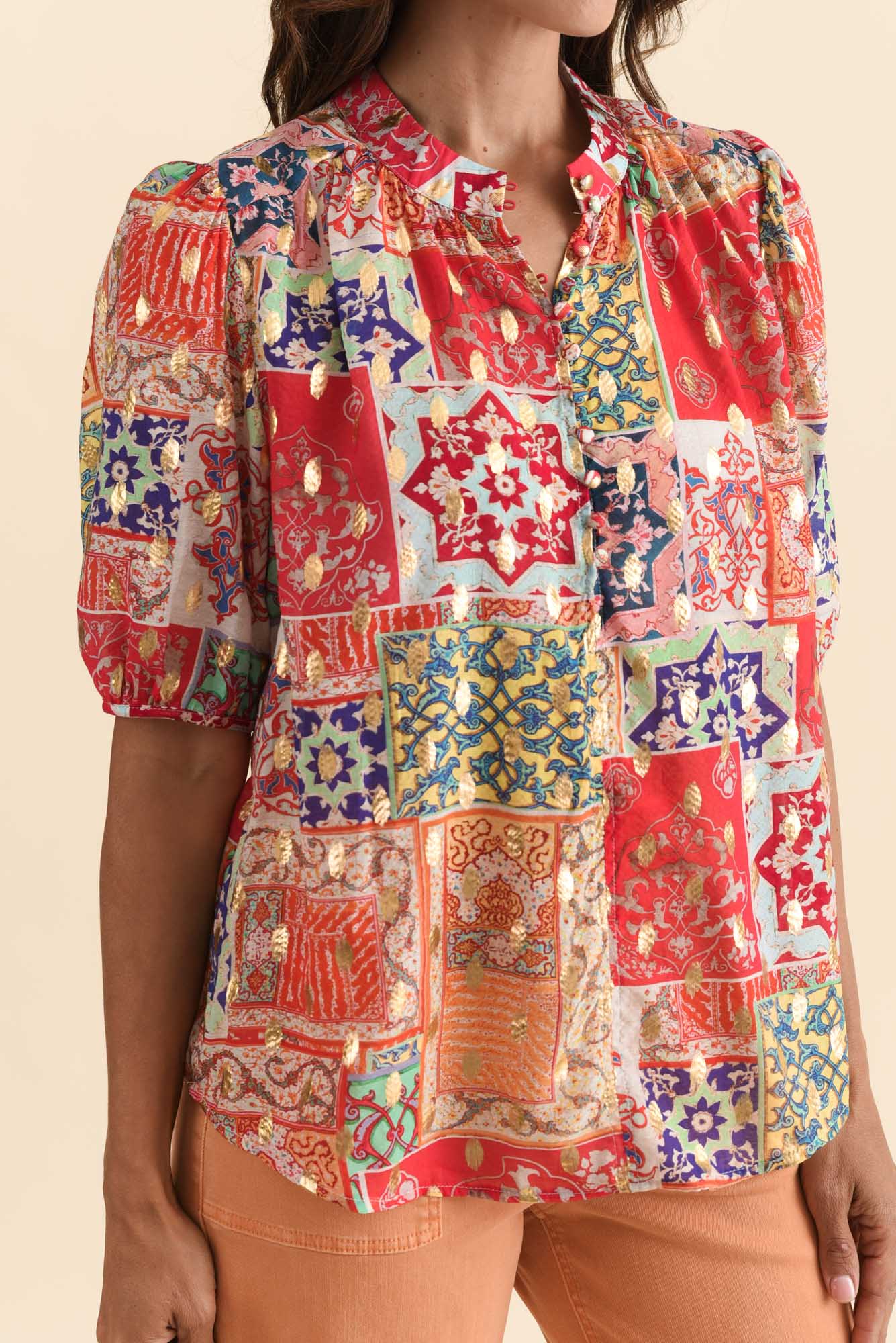 Alexandra Pink Patchwork Button Top - Image 5