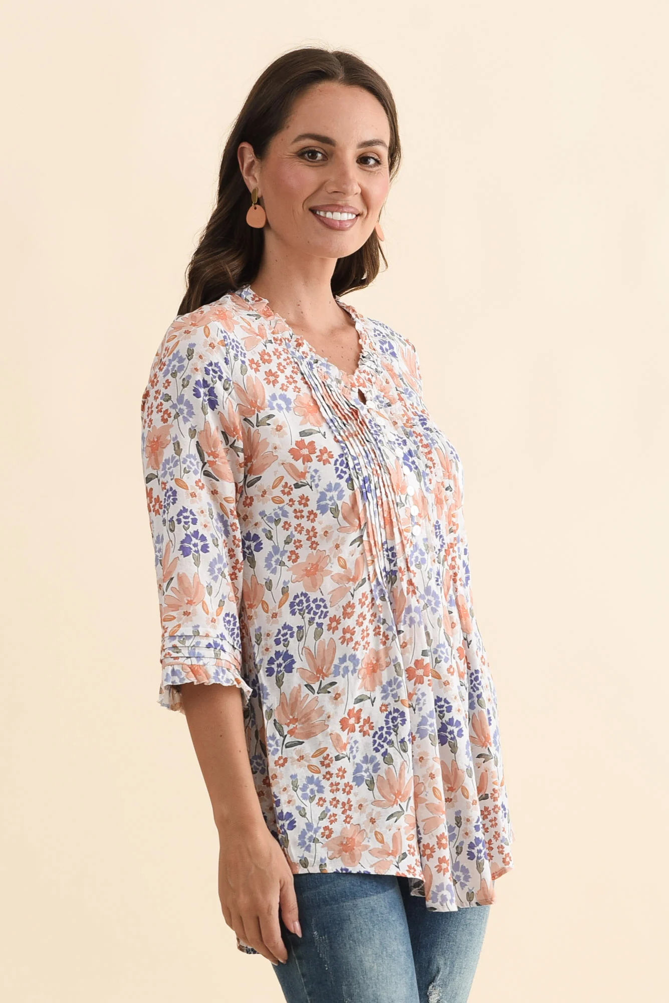 Angelo Orange Wildflower Cotton Button Top - Image 3