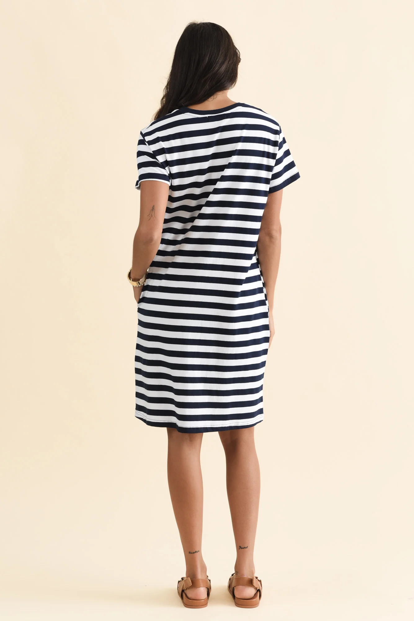 Aya Navy Stripe Bow Cotton Dress - Image 5