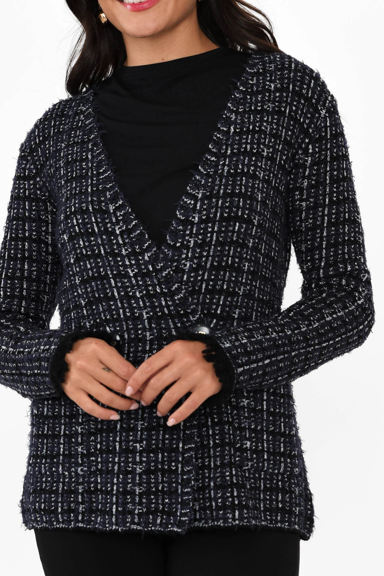 Beverly Navy Check Knit Blazer Cardigan - Image 5