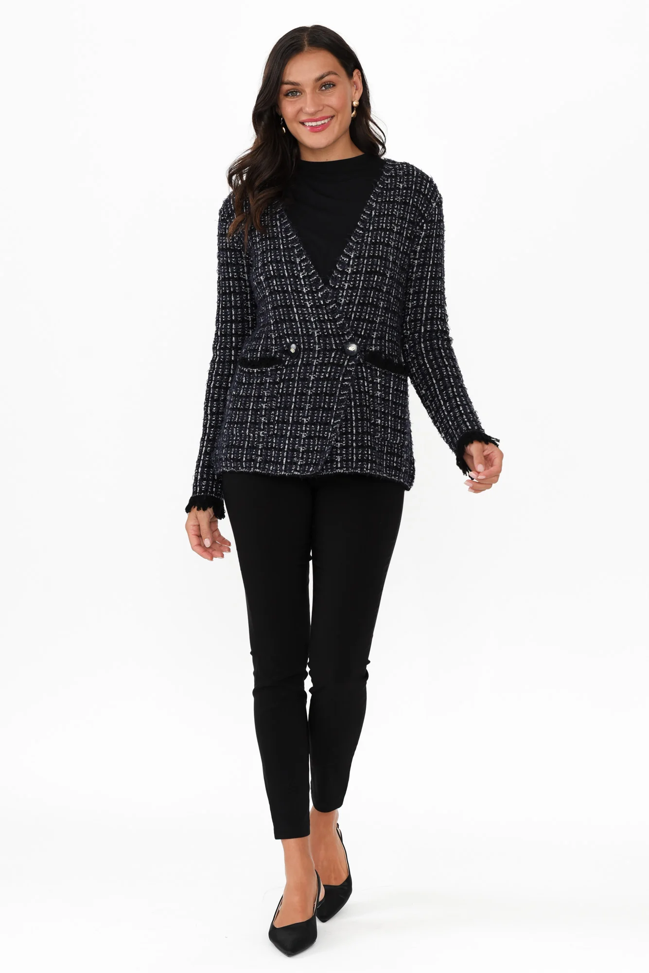 Beverly Navy Check Knit Blazer Cardigan - Image 6