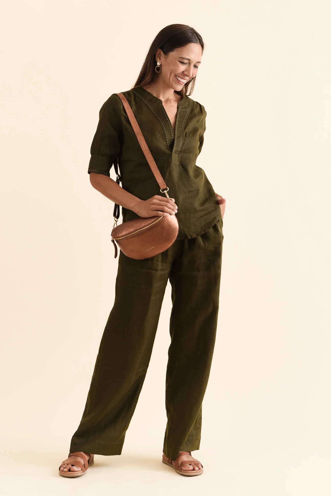 Bradley Khaki Linen Contrast Stitch Top - Image 2
