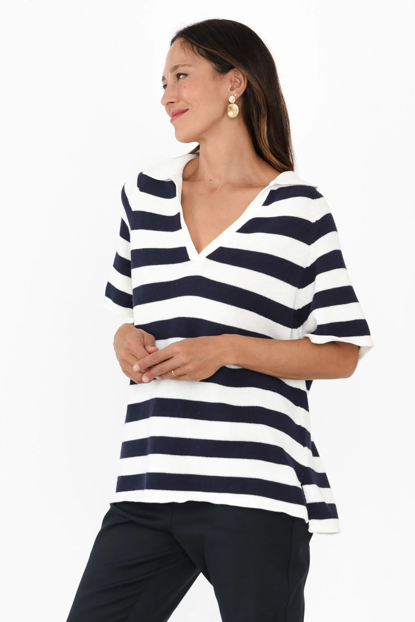 Brianna Navy Stripe Cotton Polo - Image 4
