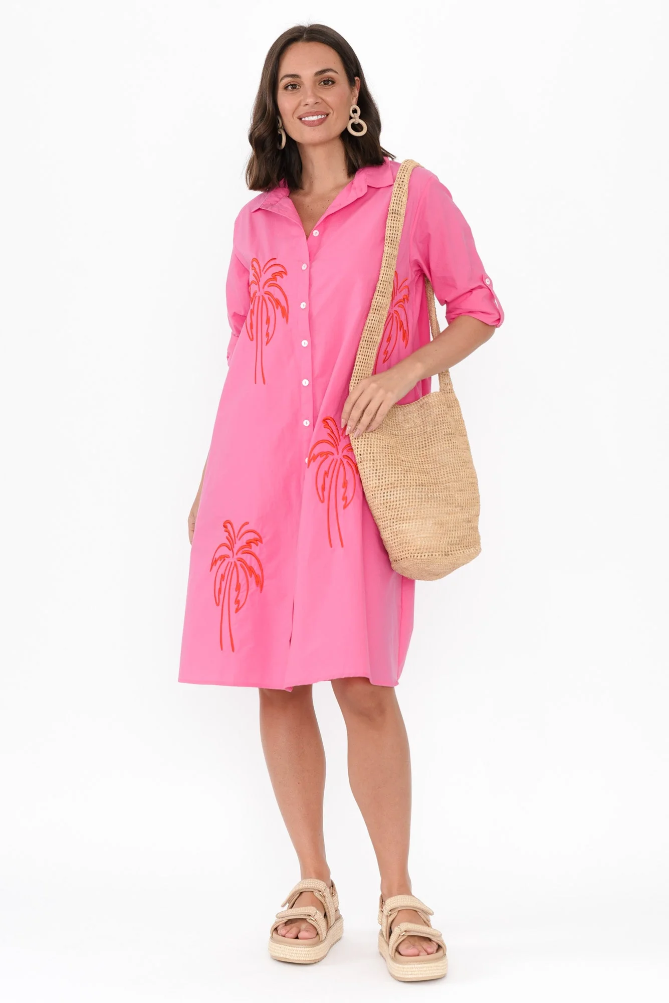 Bridie Pink Palm Cotton Shirt Dress - Image 2