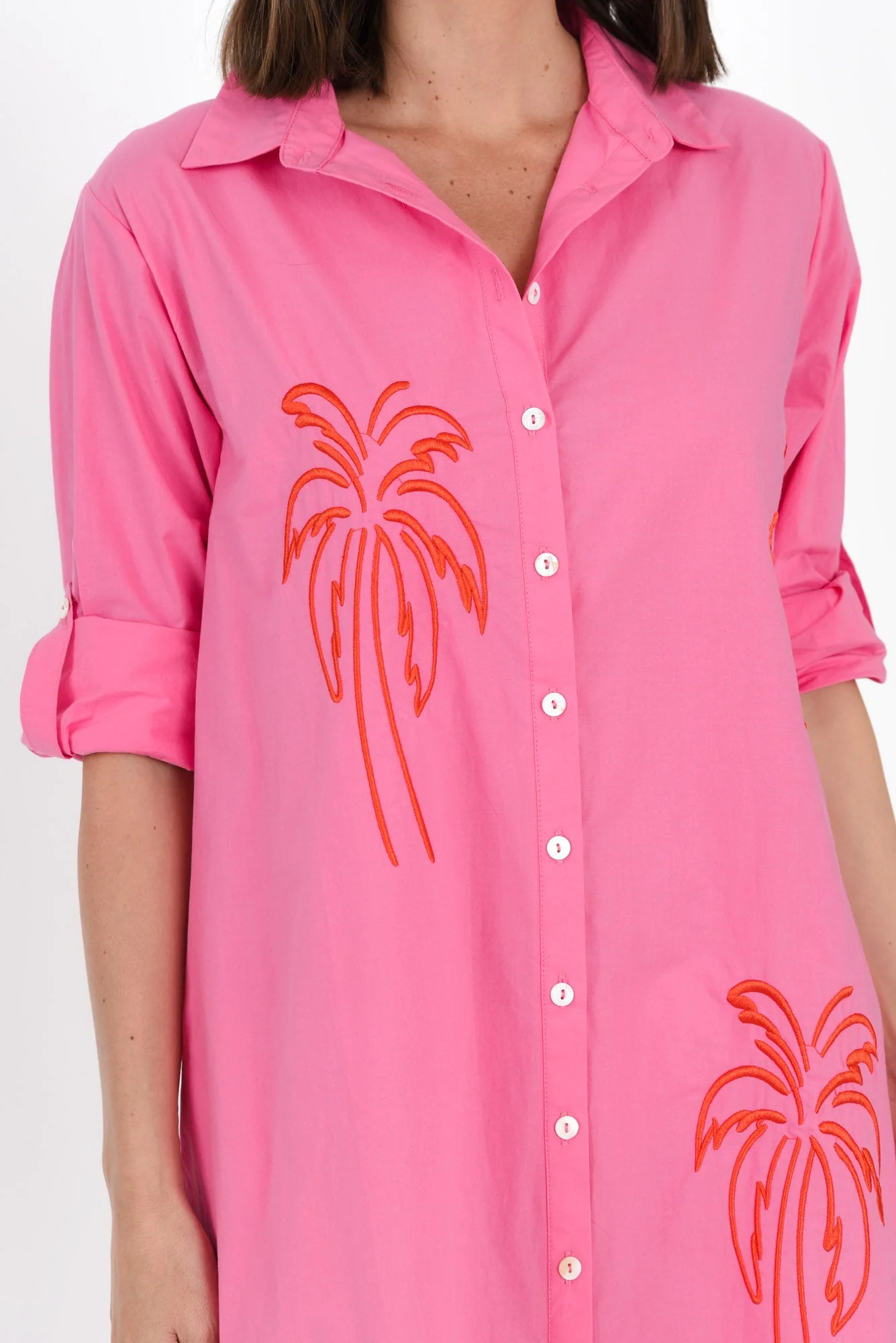 Bridie Pink Palm Cotton Shirt Dress - Image 6