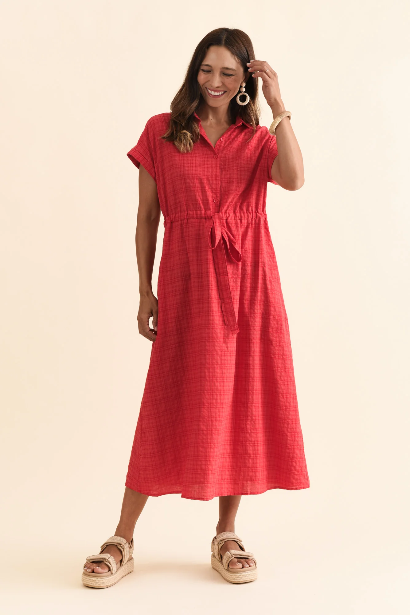 Brydie Red Check Cotton Blend Dress - Image 7