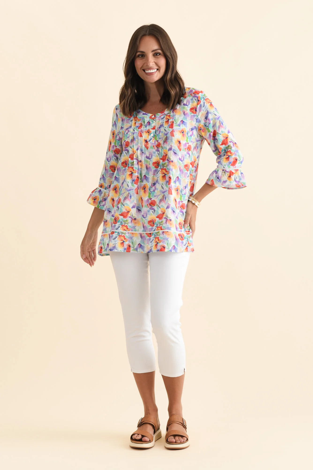 Cassidy Orange Flower Cotton Sleeved Top - Image 2