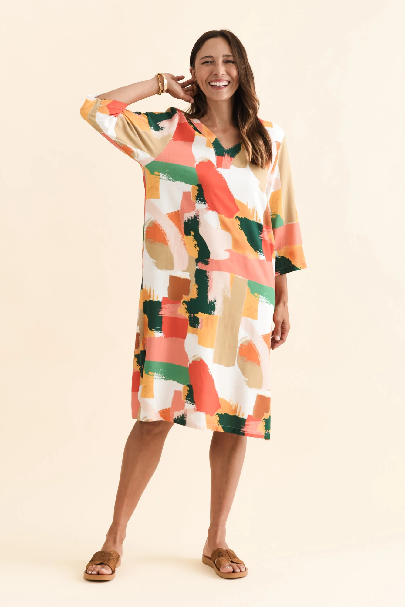 Celine Pink Abstract Linen Cotton Dress - Image 3