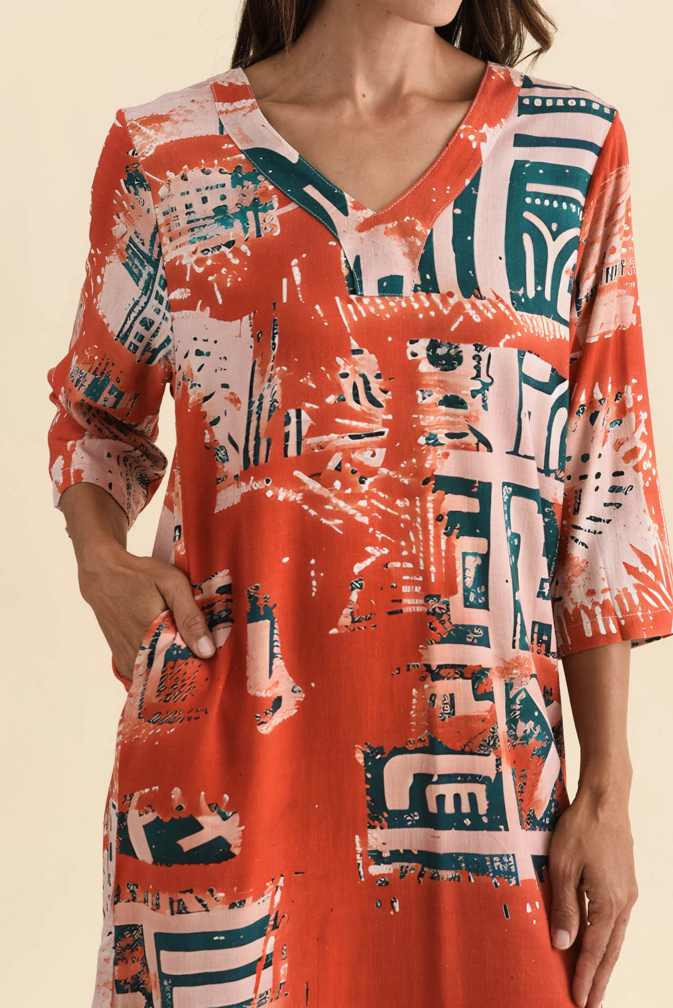 Celine Rust Abstract Linen Cotton Dress - Image 5