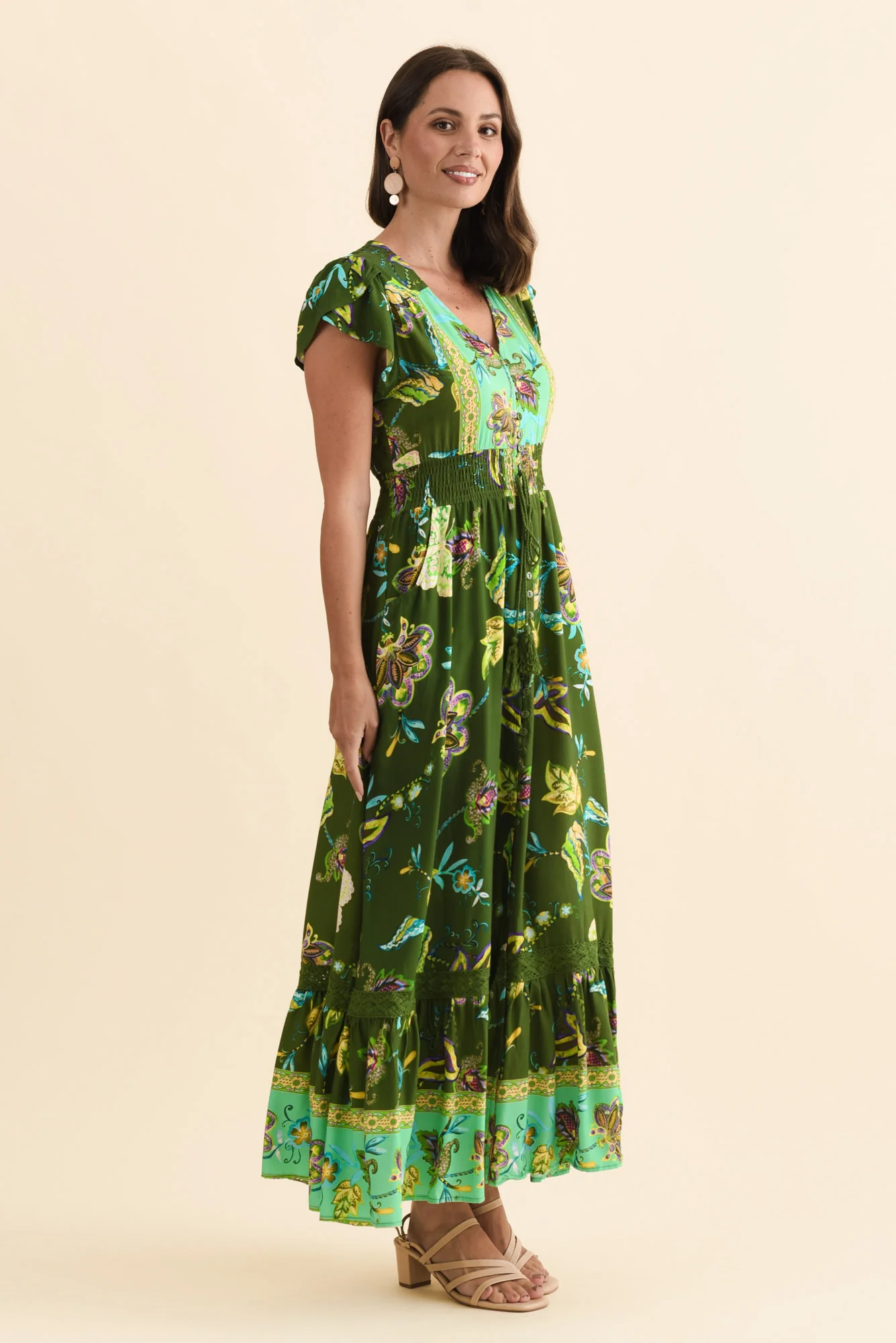 Chappelle Green Flower Button Dress - Image 3