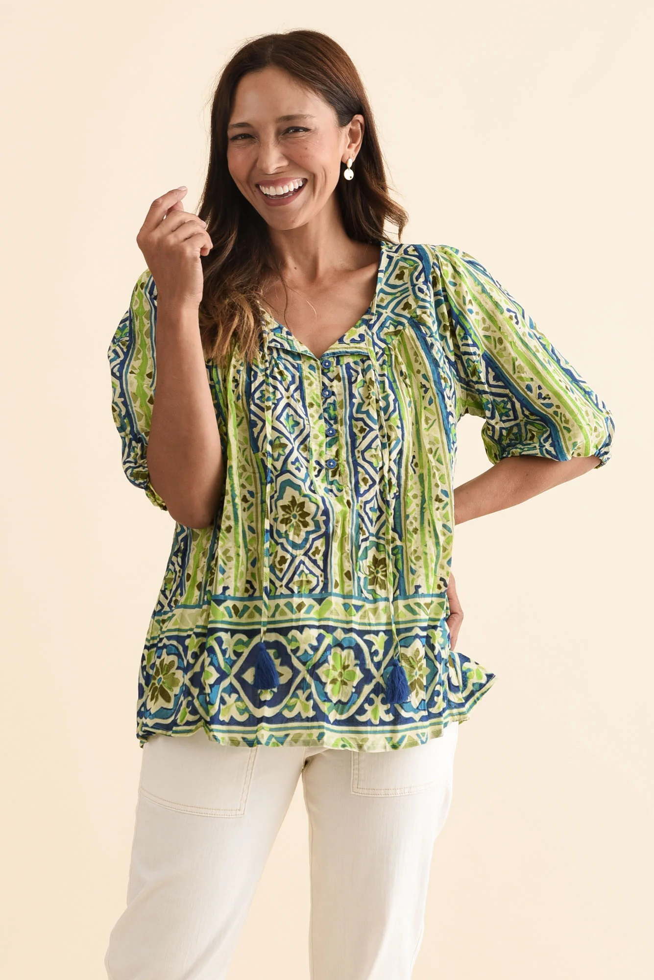 Claris Blue Abstract Crinkle Cotton Top