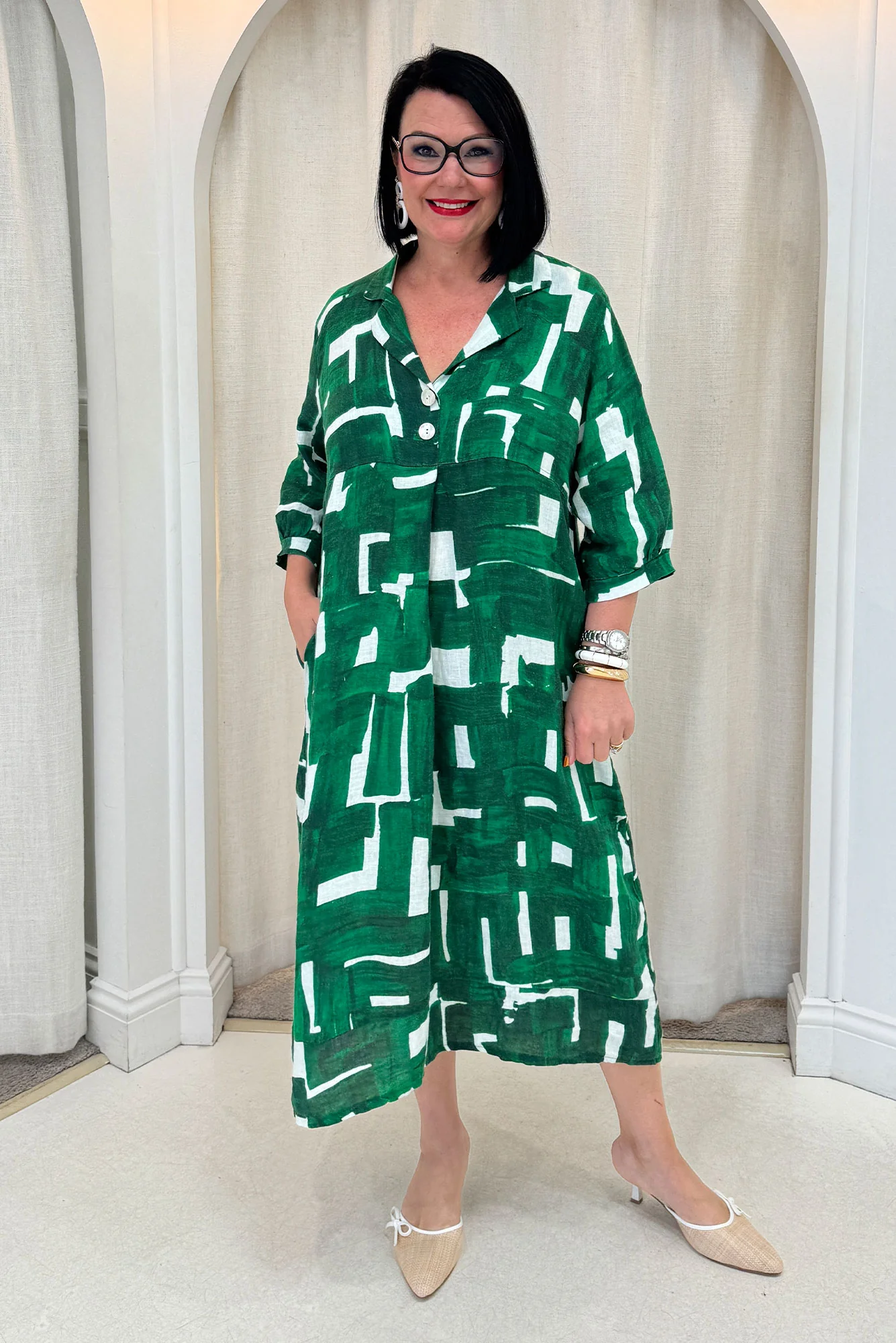 Daria Green Geo Linen Collared Dress - Image 7