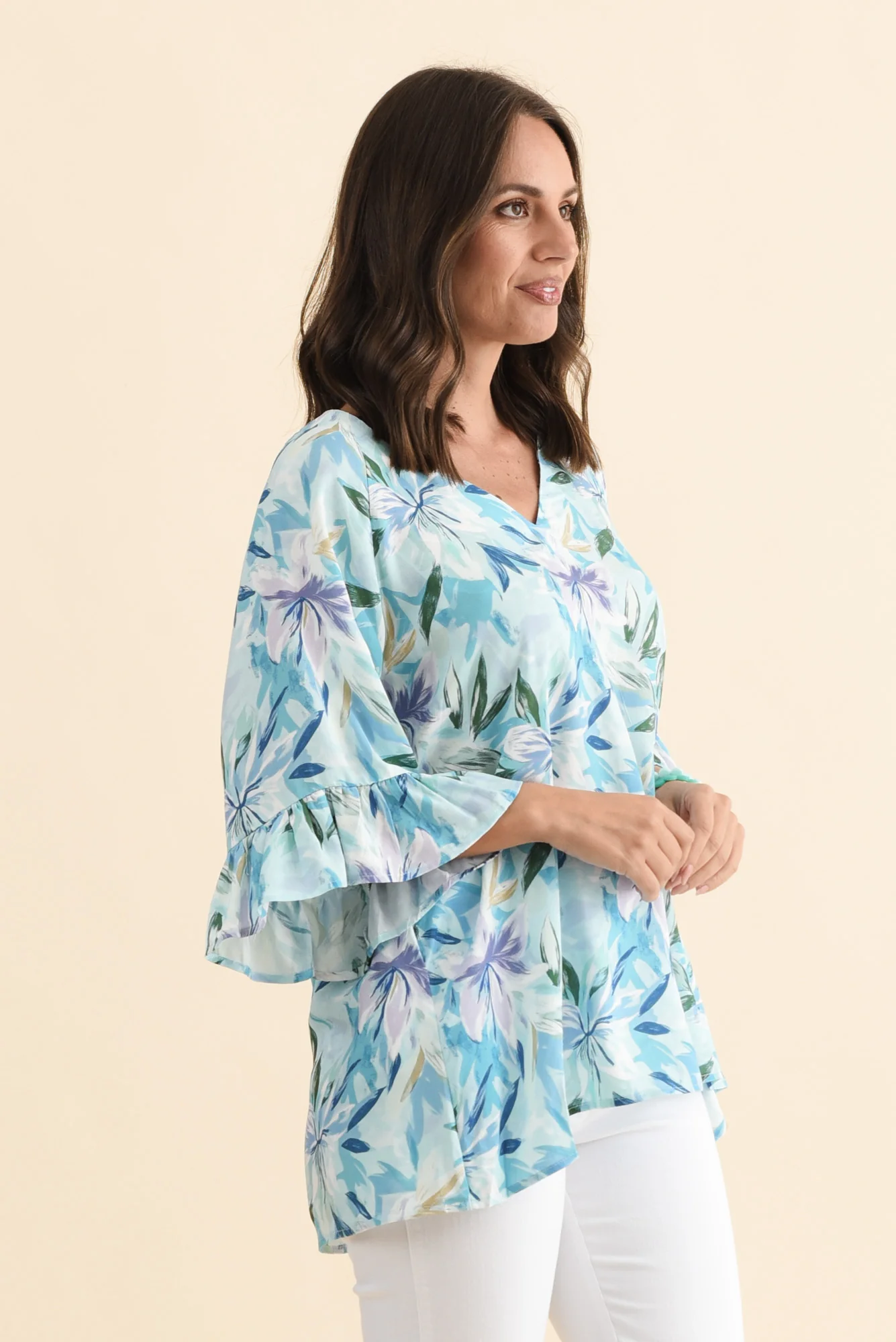 Diona Blue Tropical Frill Sleeve Top - Image 3