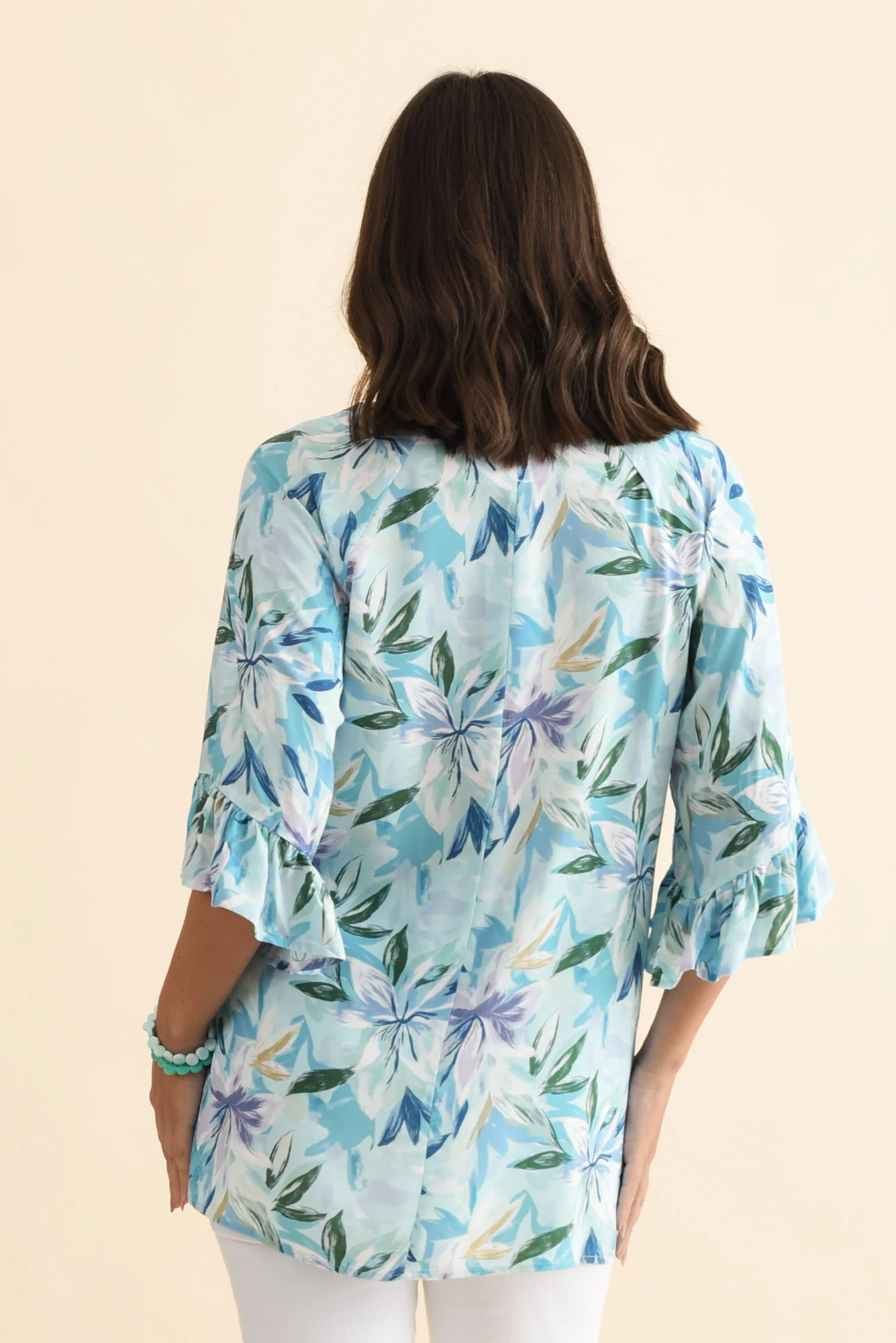 Diona Blue Tropical Frill Sleeve Top - Image 4