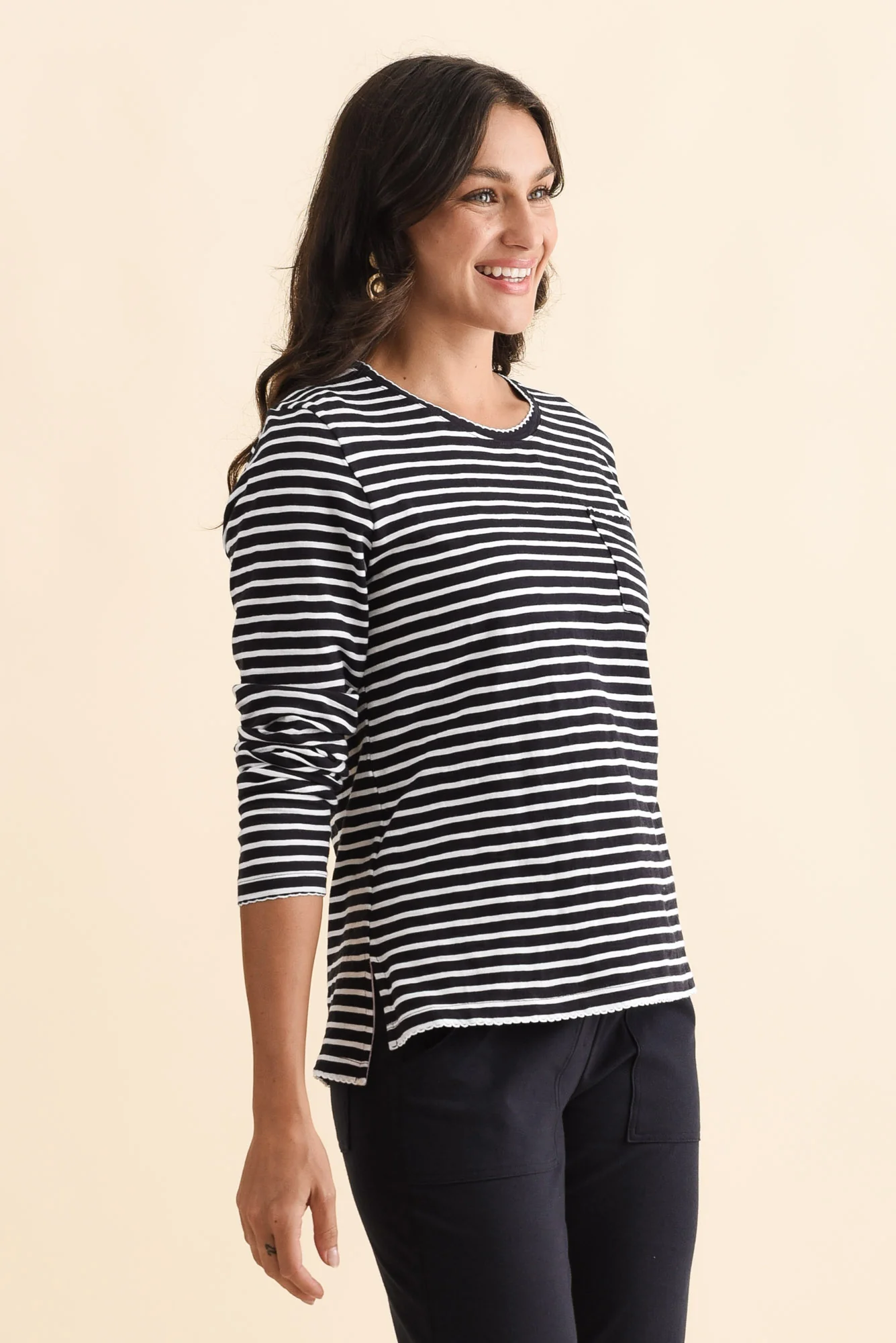 Drea Navy Stripe Cotton Long Sleeve Tee - Image 3