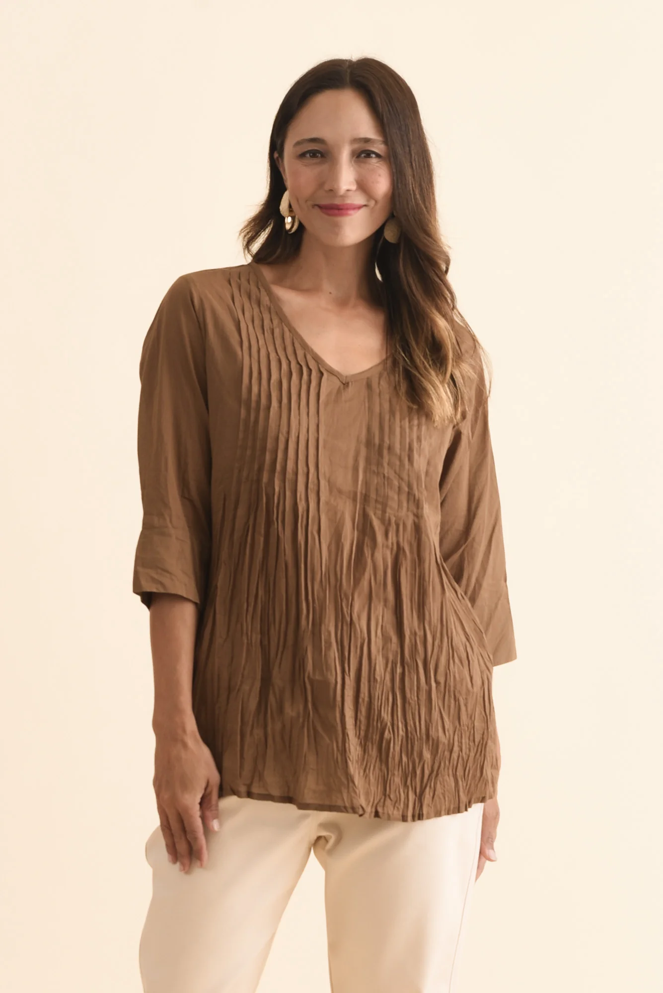 Fia Mocha Sleeved Crinkle Cotton Top
