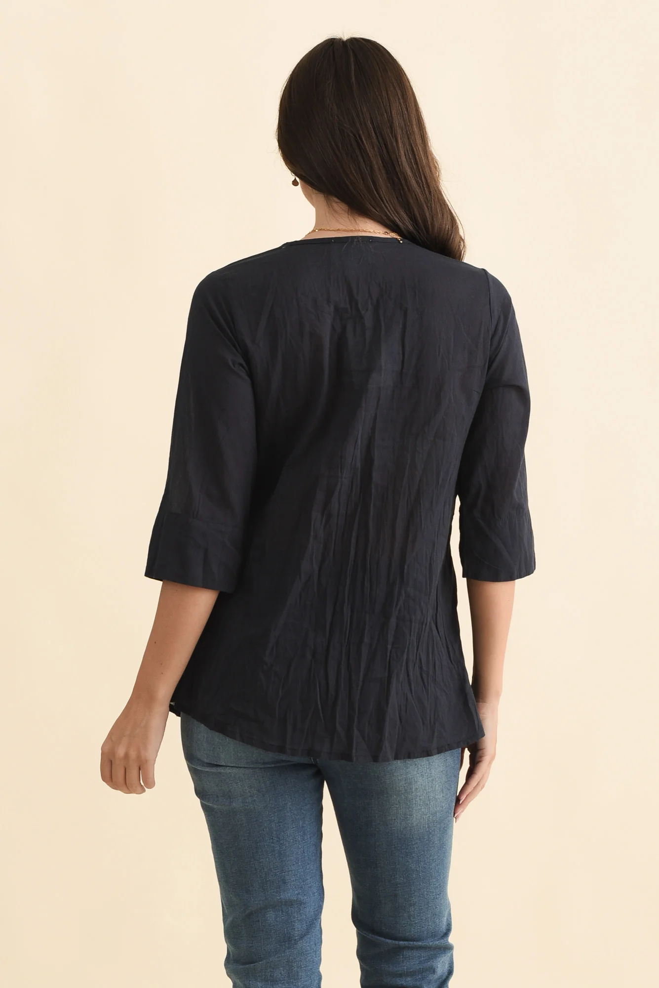 Fia Navy Sleeved Crinkle Cotton Top - Image 4