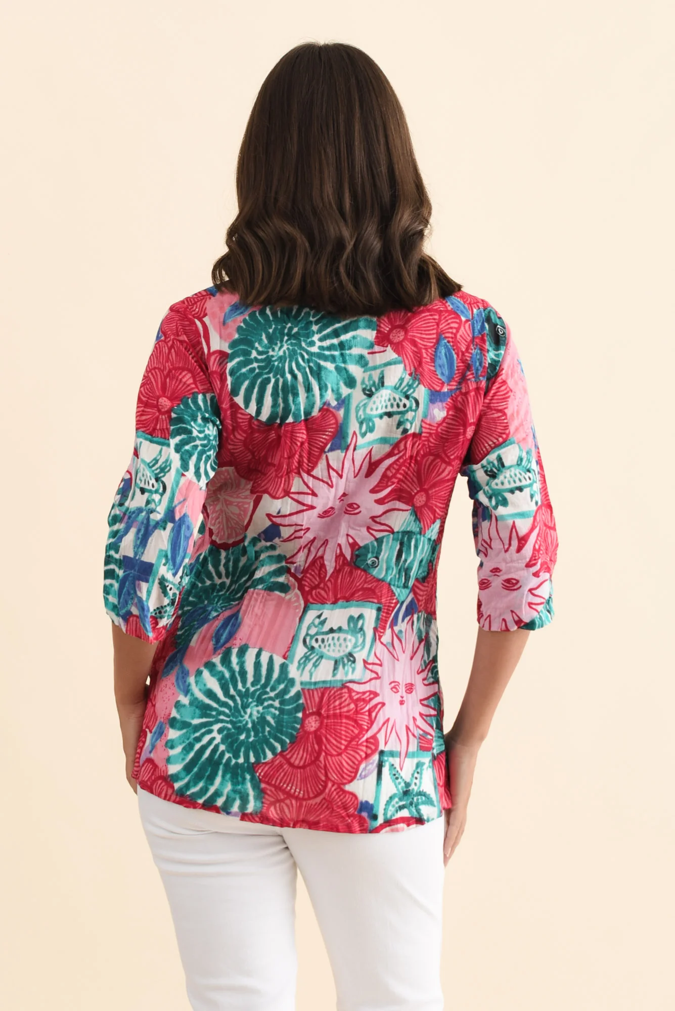 Fia Pink Abstract Sleeved Crinkle Cotton Top - Image 4