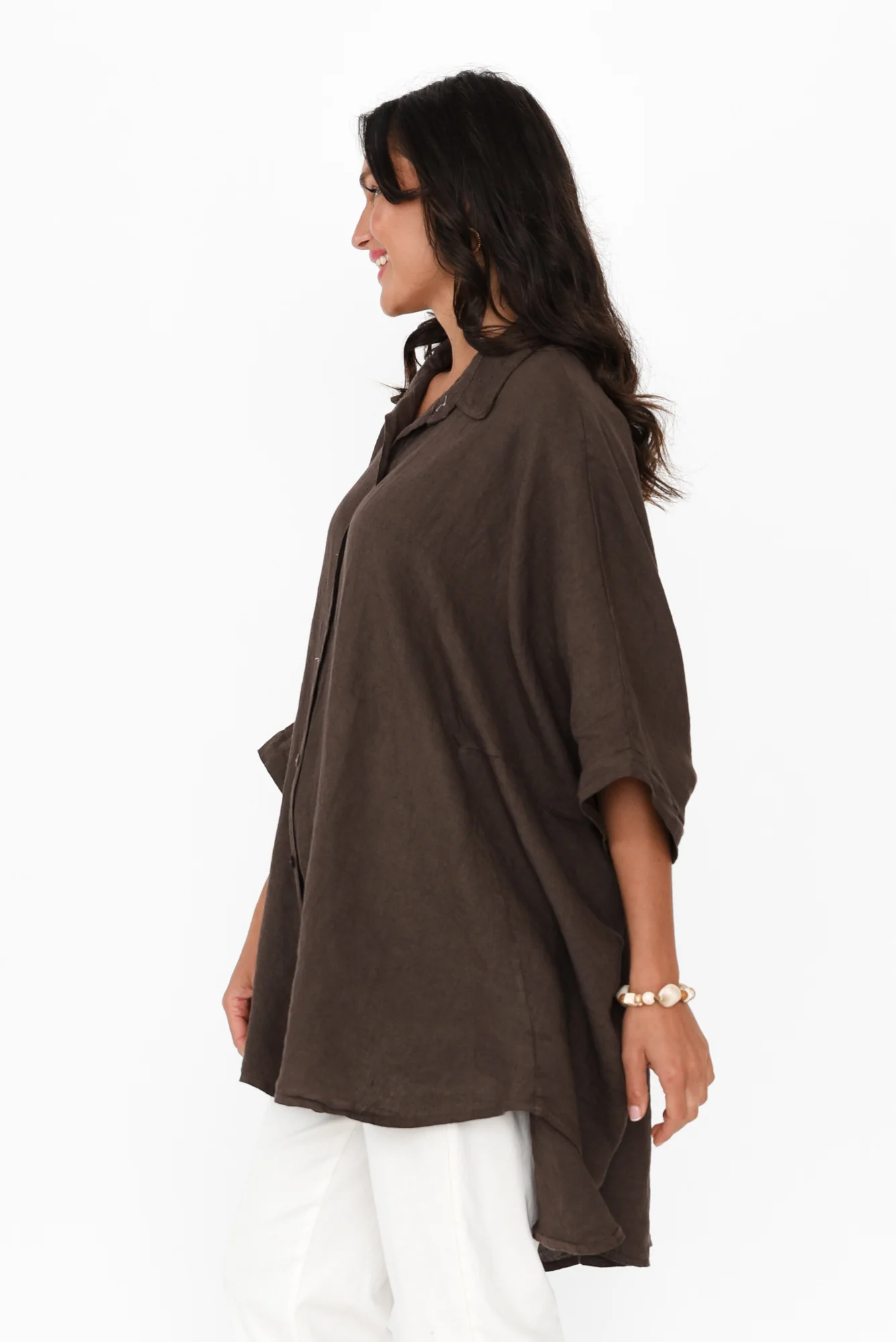 Giada Chocolate Linen Collared Shirt - Image 4
