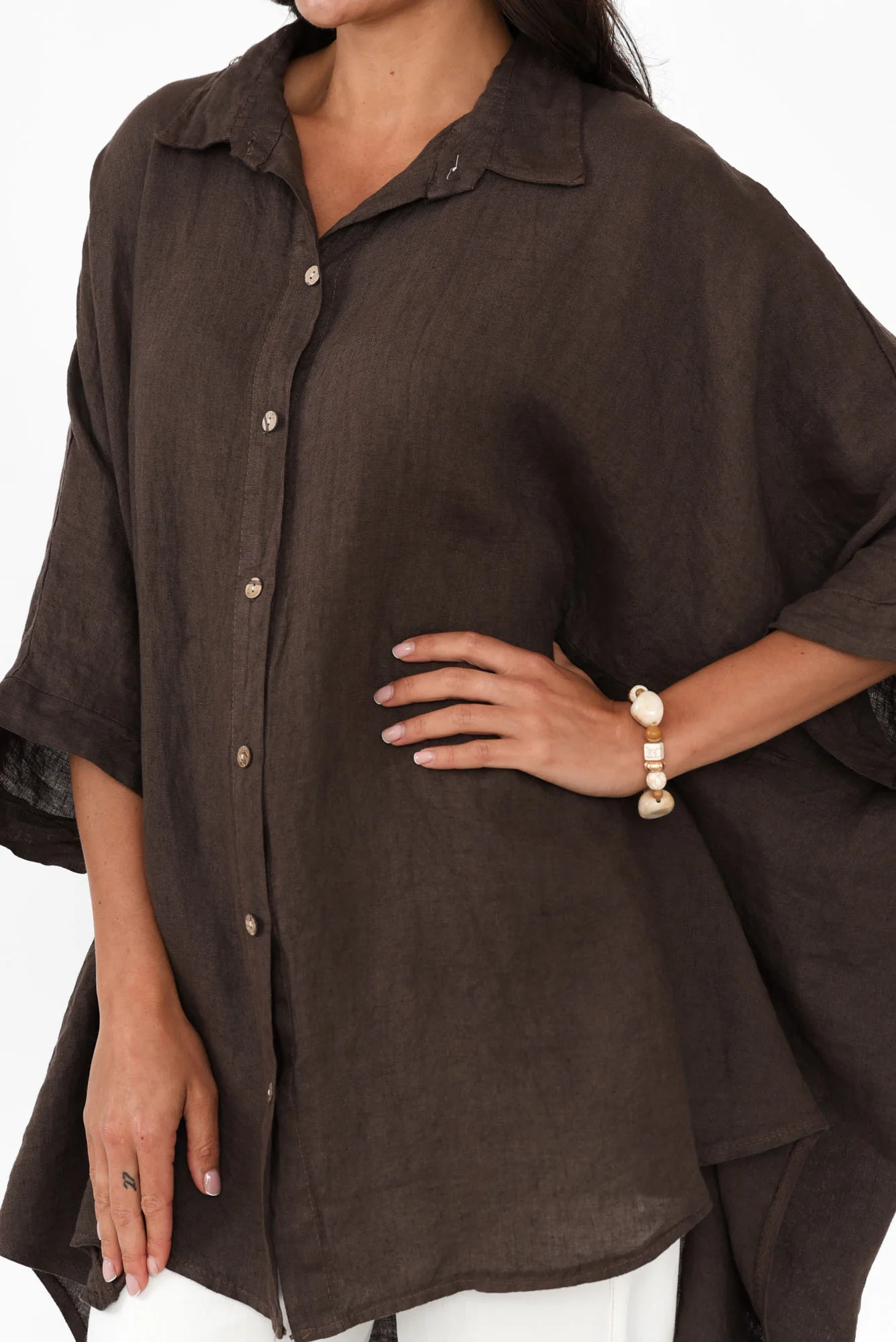 Giada Chocolate Linen Collared Shirt - Image 5