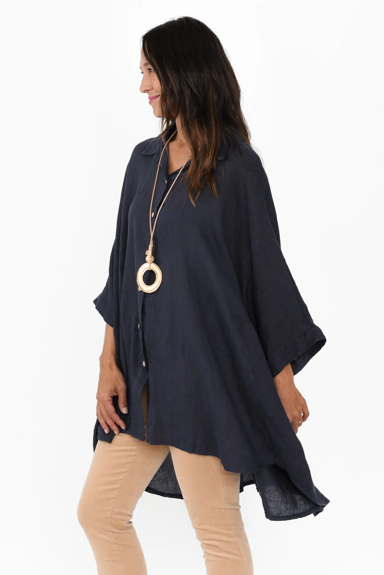 Giada Navy Linen Collared Shirt - Image 3