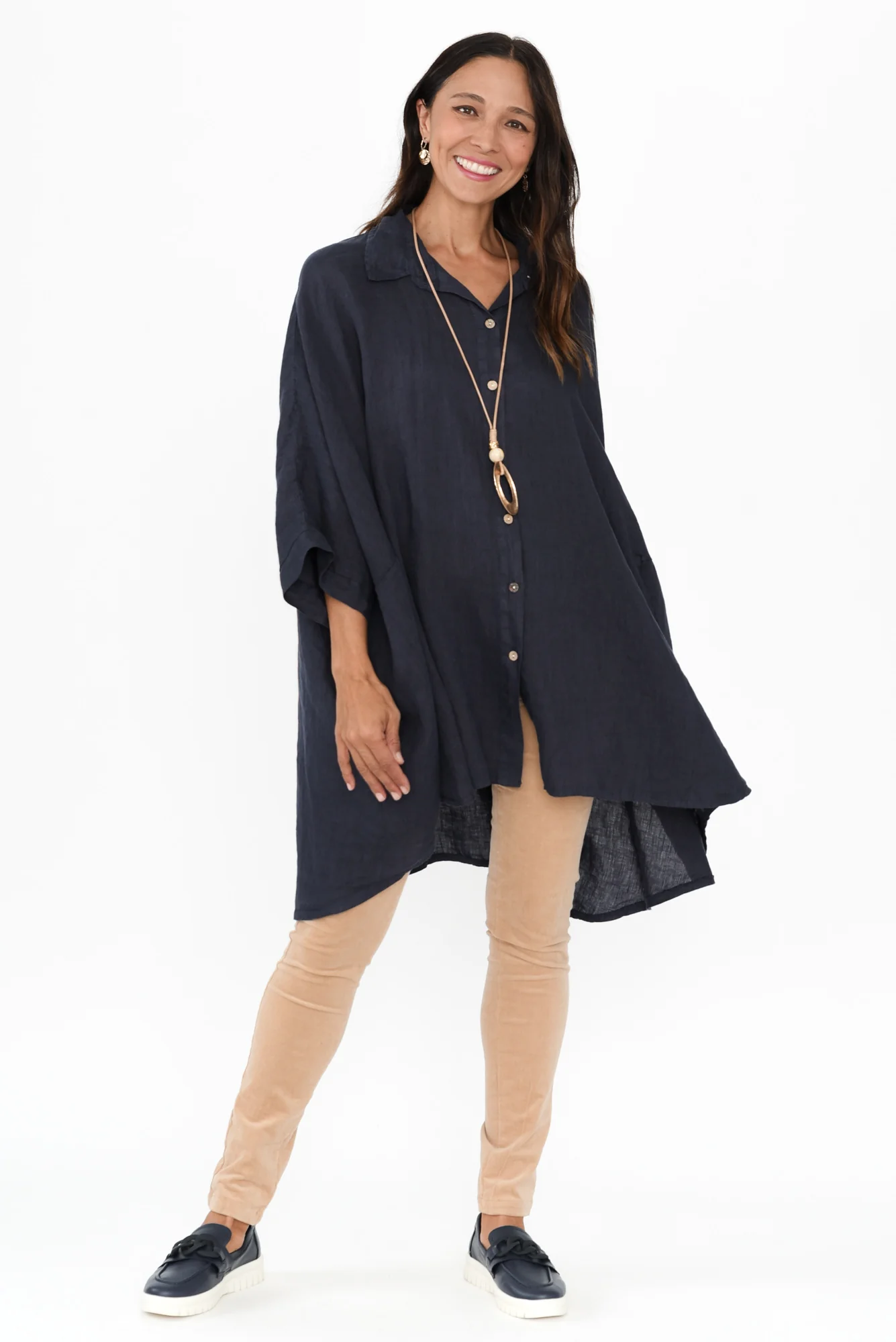 Giada Navy Linen Collared Shirt - Image 6