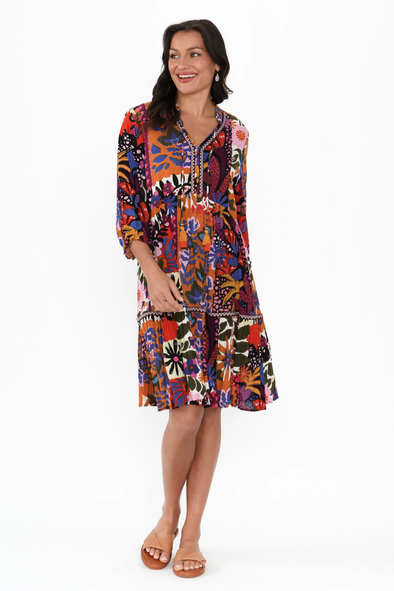 Inez Orange Floral Tassel Tier Dress - Image 2
