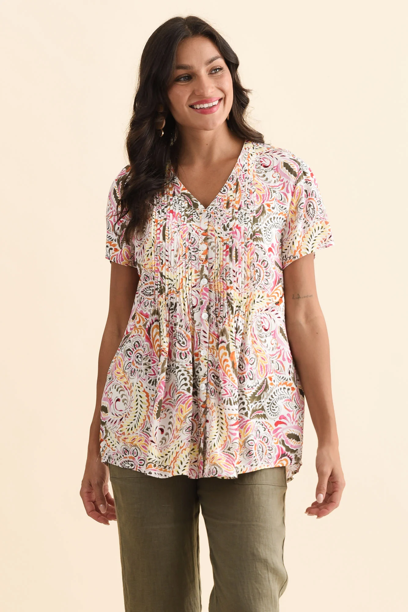 Isobel Orange Paisley Button Top