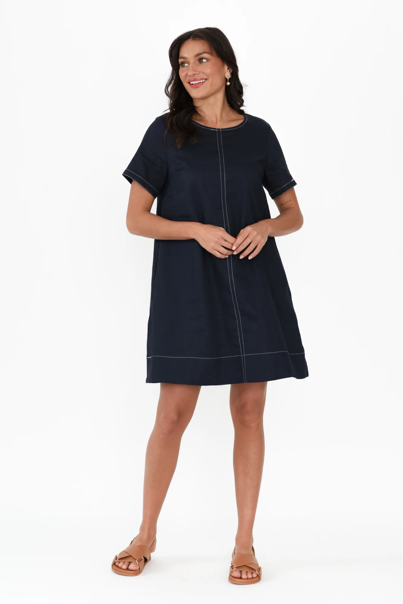 Ithaca Navy Contrast Linen Cotton Dress - Image 6