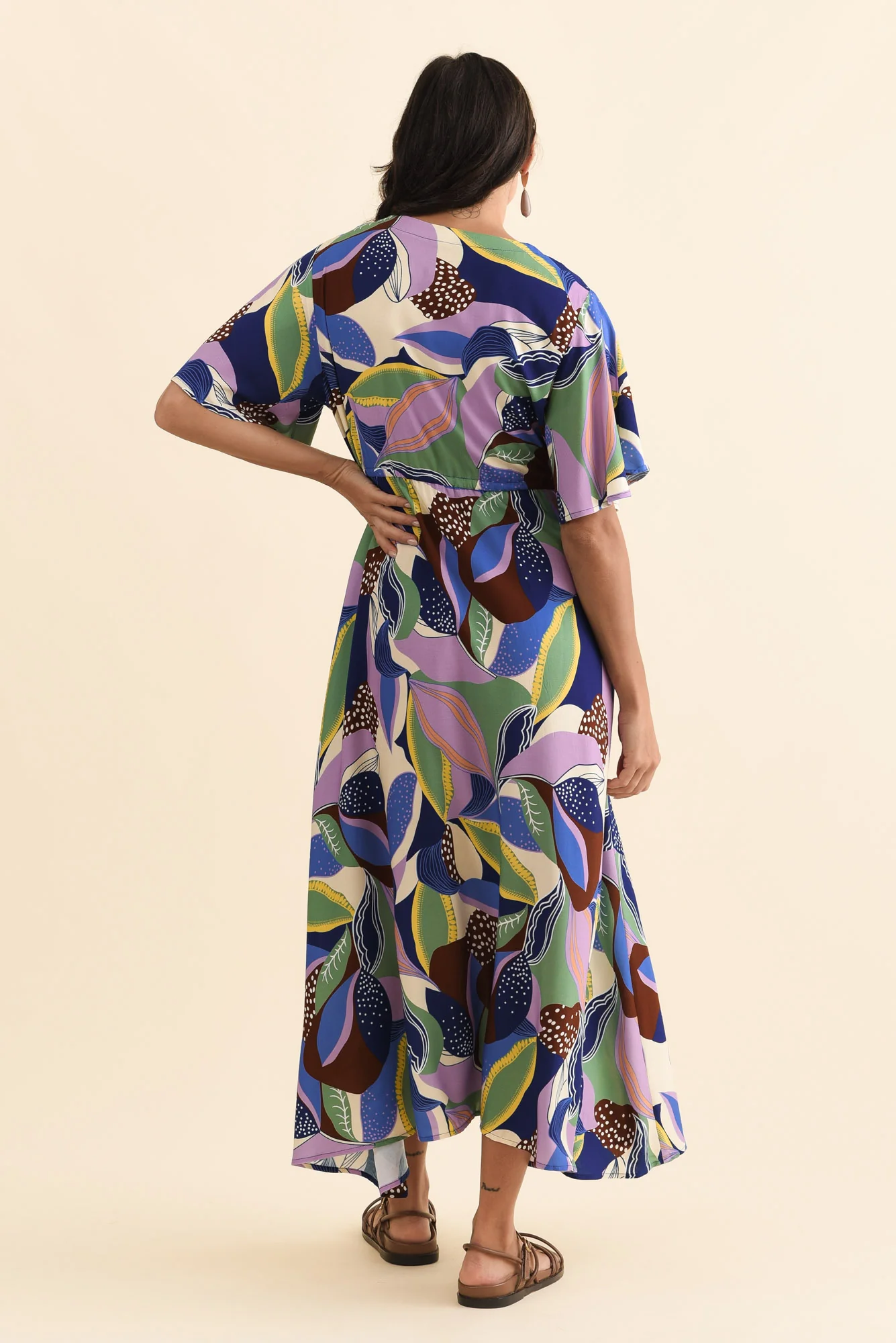 Jennifer Blue Leaf Flutter Sleeve Dress - Image 4