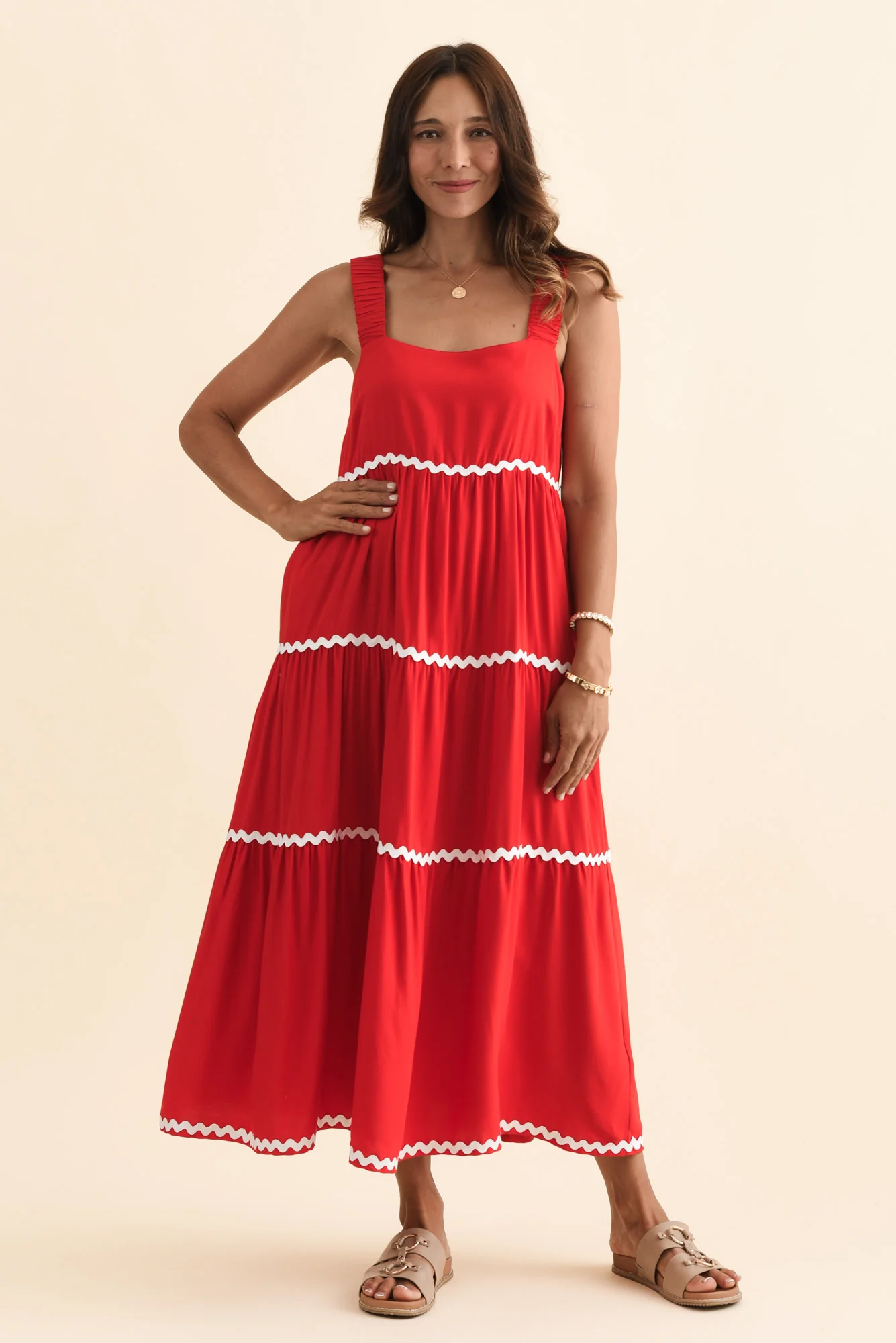 Josie Red Contrast Tier Dress - Image 2