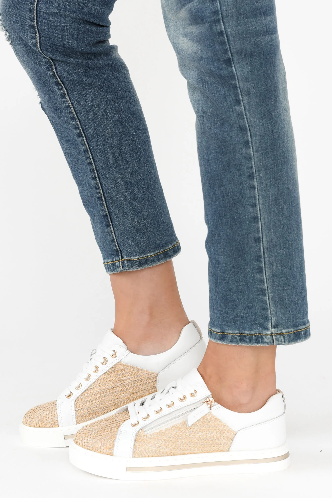 Koko White Raffia Leather Zip Sneaker - Image 6