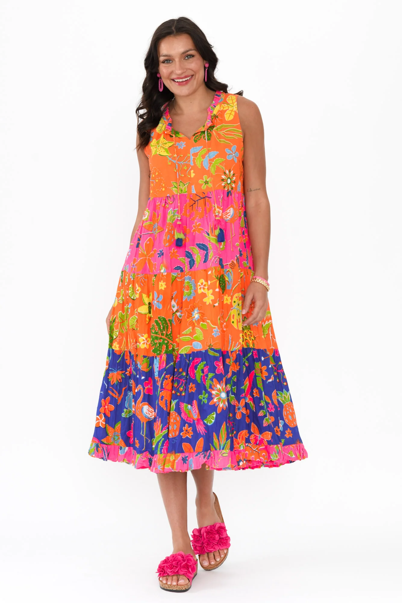 Leighton Orange Floral Cotton Tier Dress - Image 6