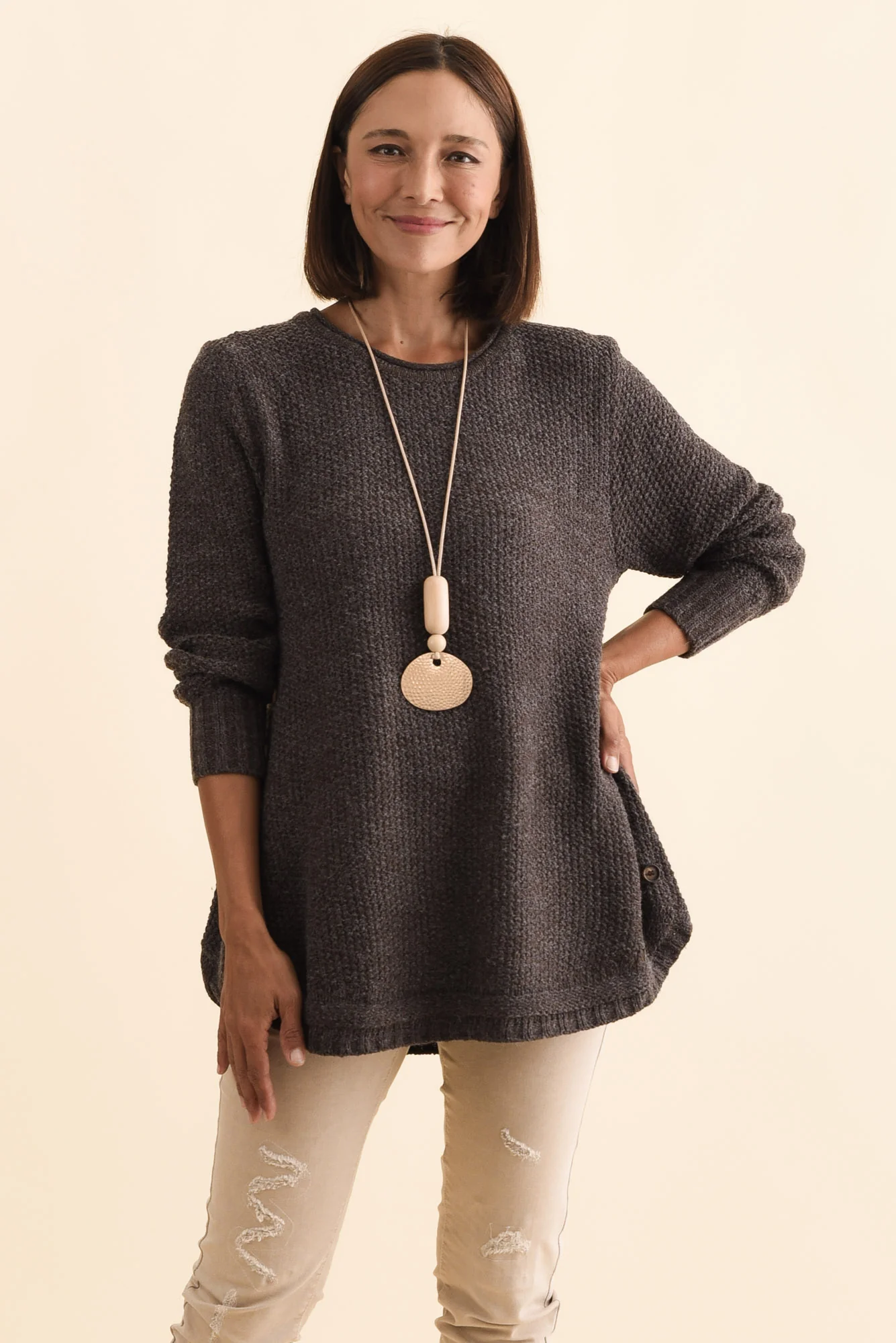 Lucas Chocolate Knit Button Jumper - Image 2