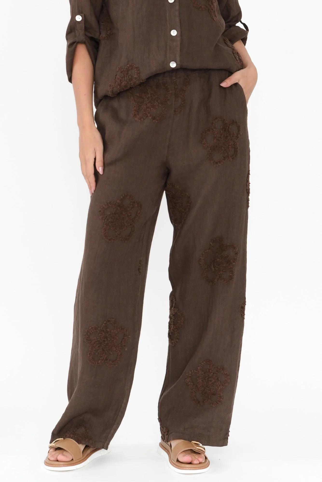 Mei Chocolate Flower Linen Pants