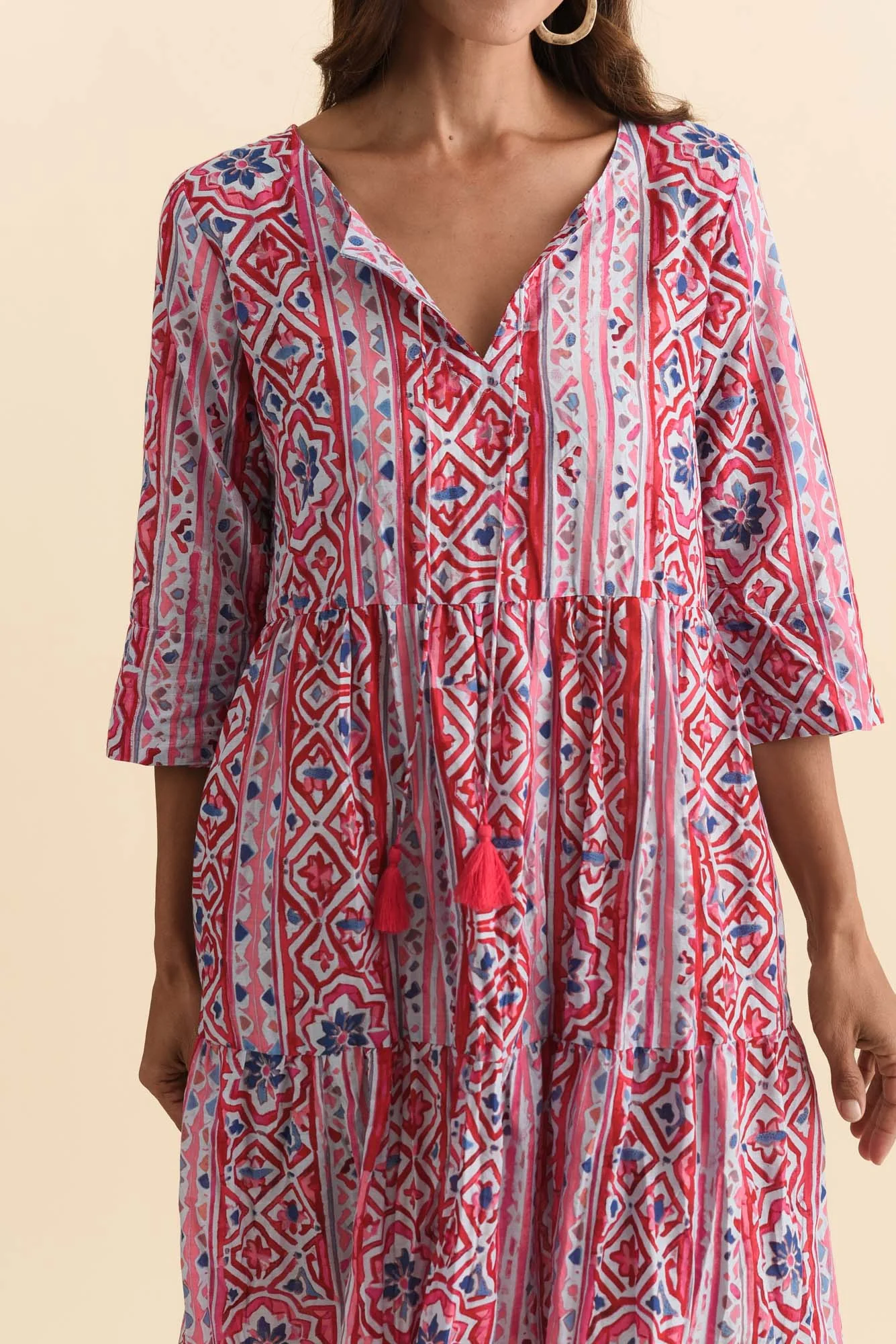 Milana Red Abstract Crinkle Cotton Dress - Image 5