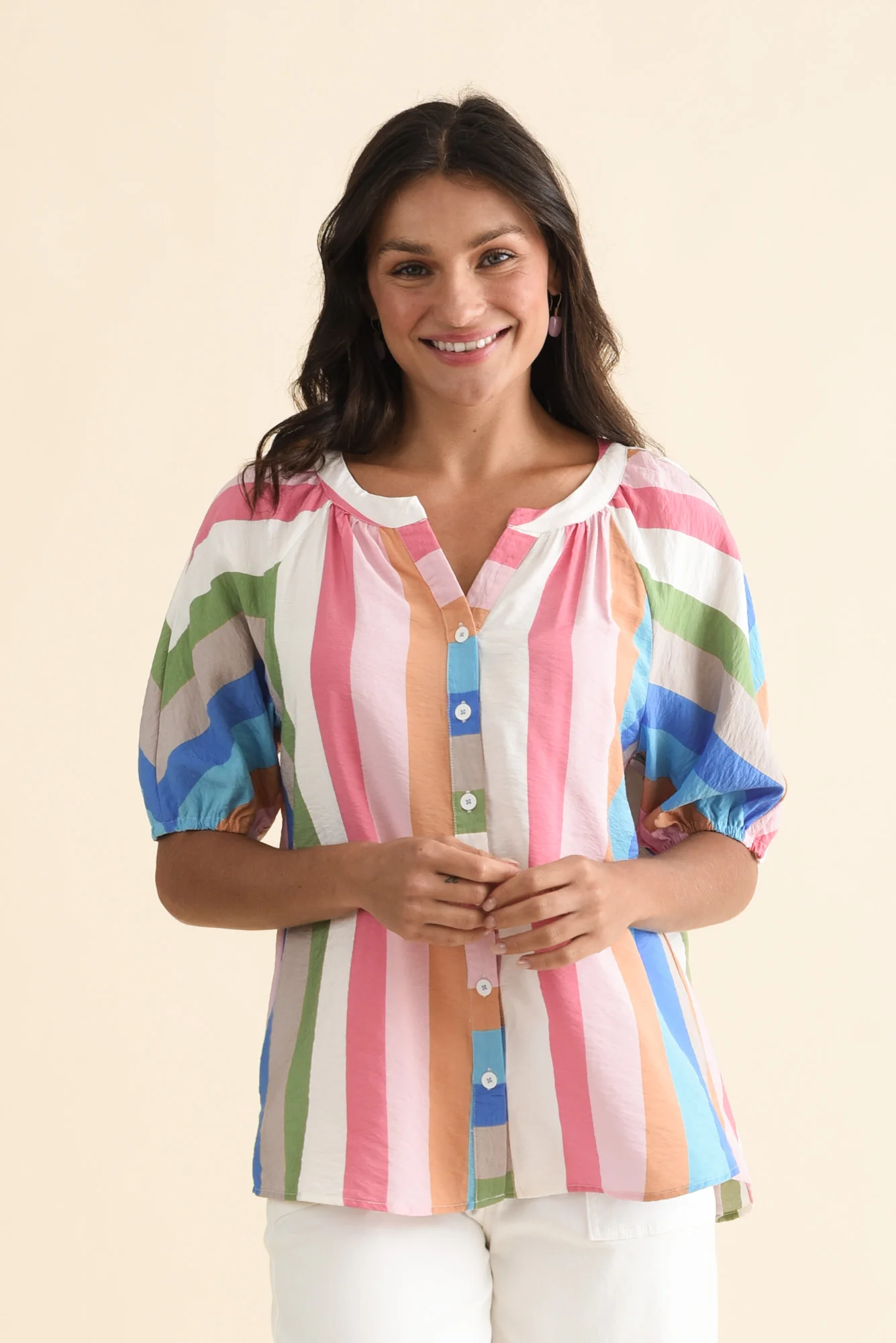 Muna White Stripe Button Top