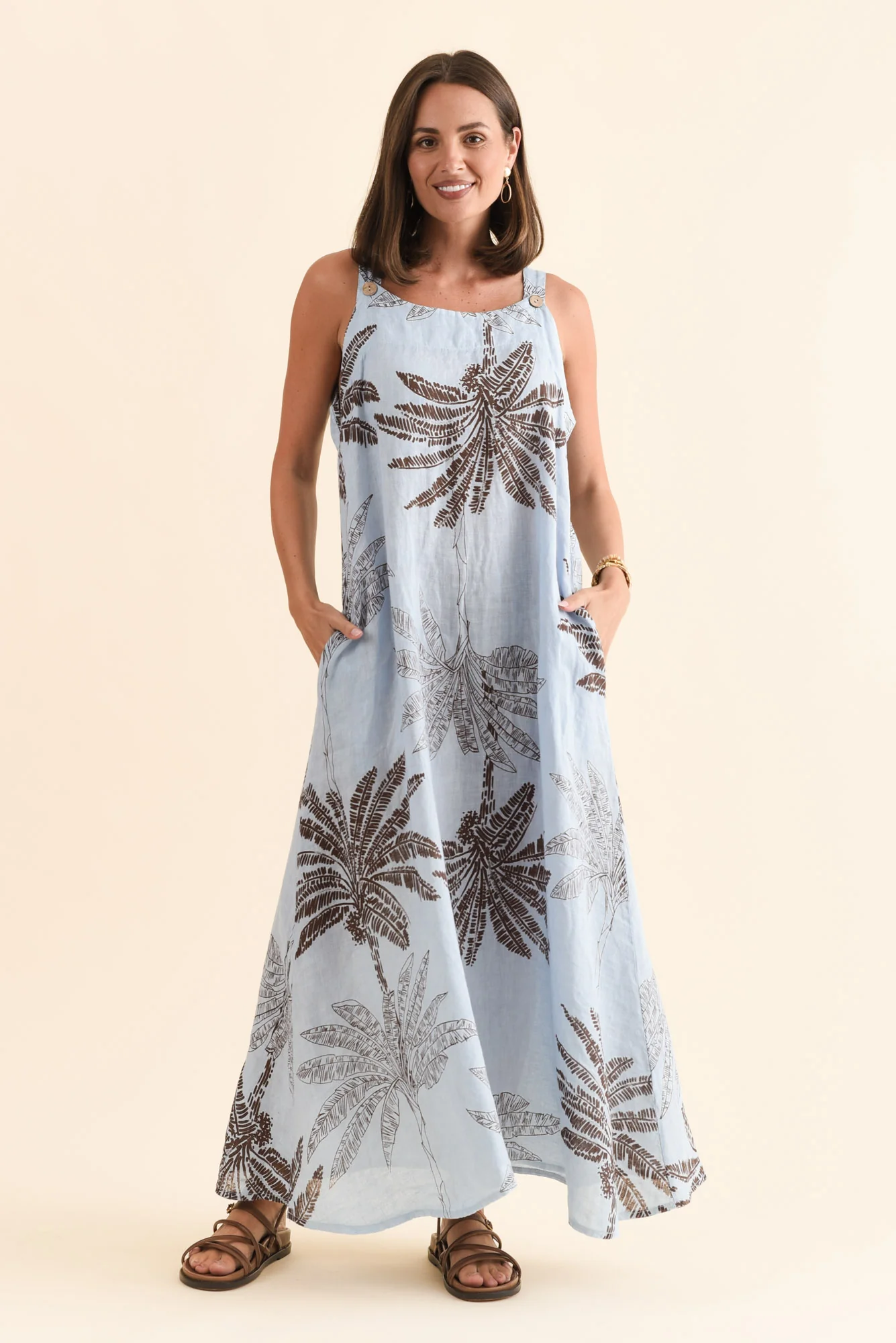 Nadia Blue Palm Linen Maxi Dress