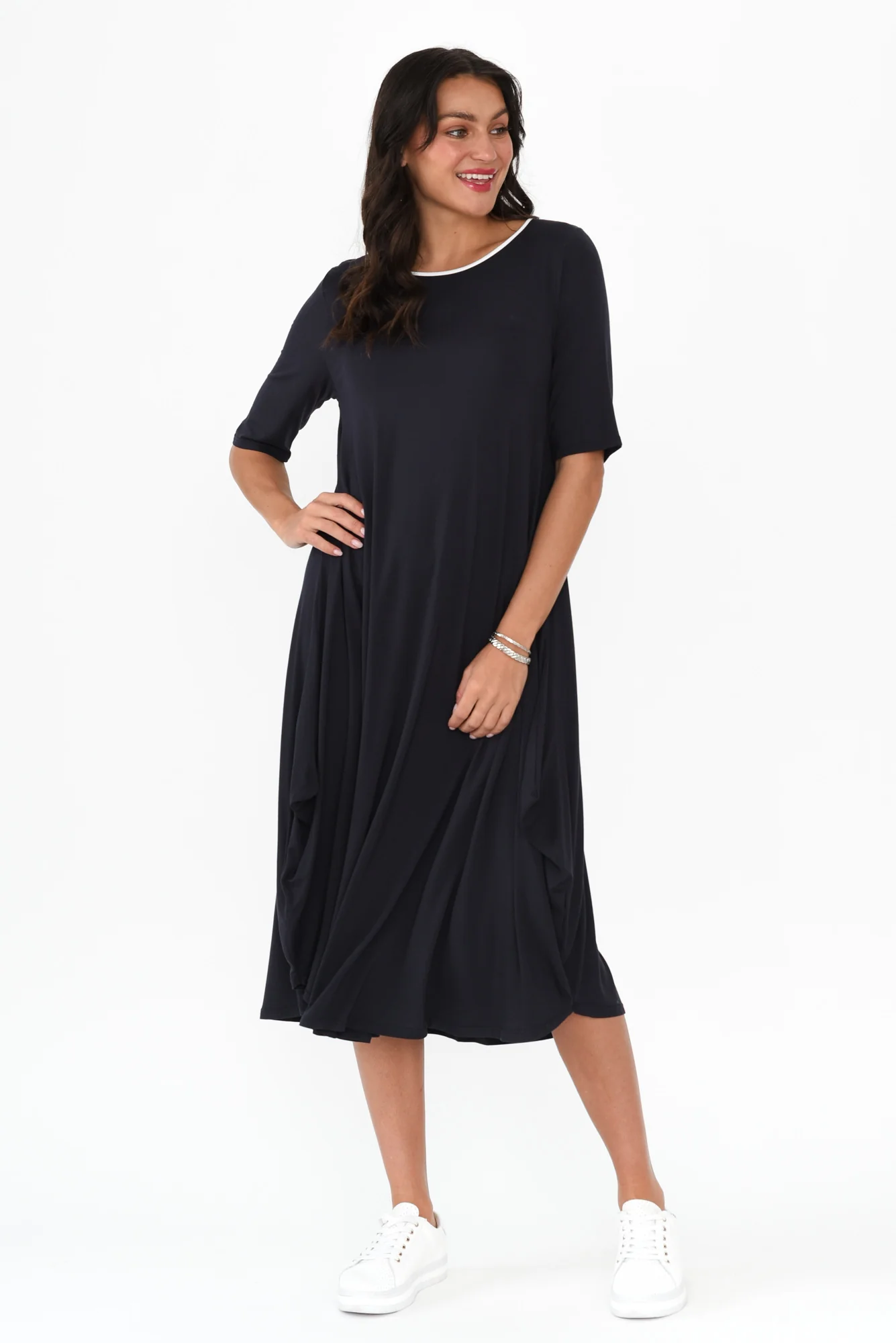 Navy Contrast Micro Modal Tri Drape Dress - Image 3