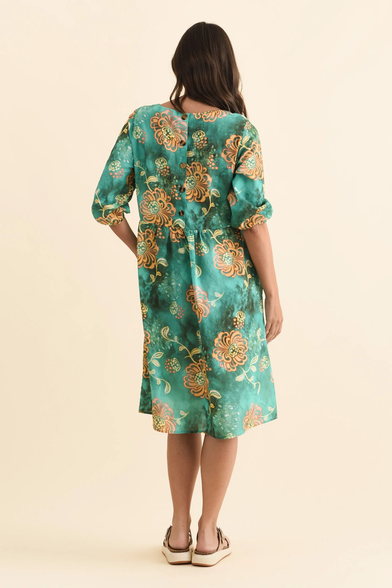 Nicolette Teal Flower Cotton Blend Sleeved Dress - Image 4