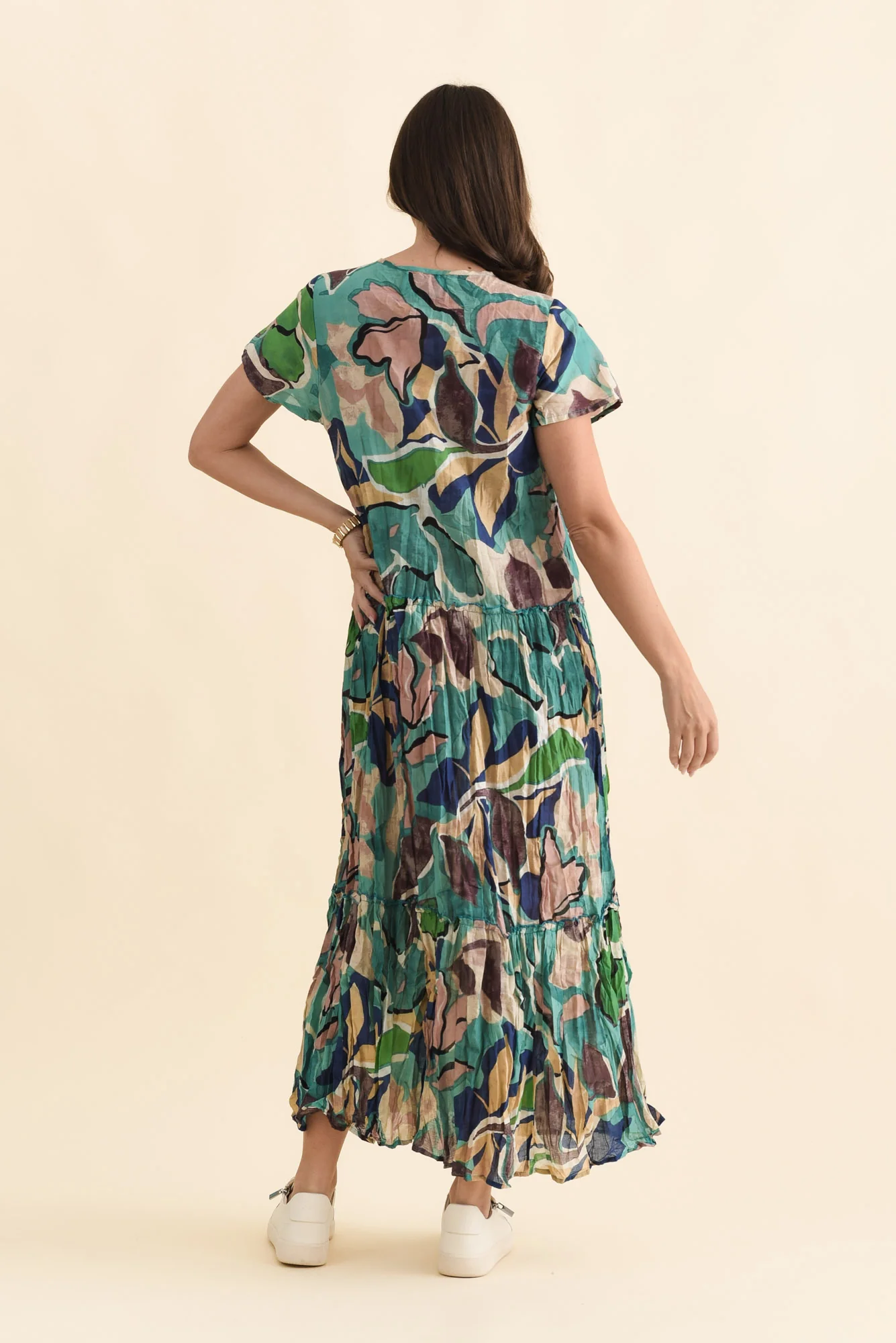Nona Teal Foliage Crinkle Cotton Maxi Dress - Image 4