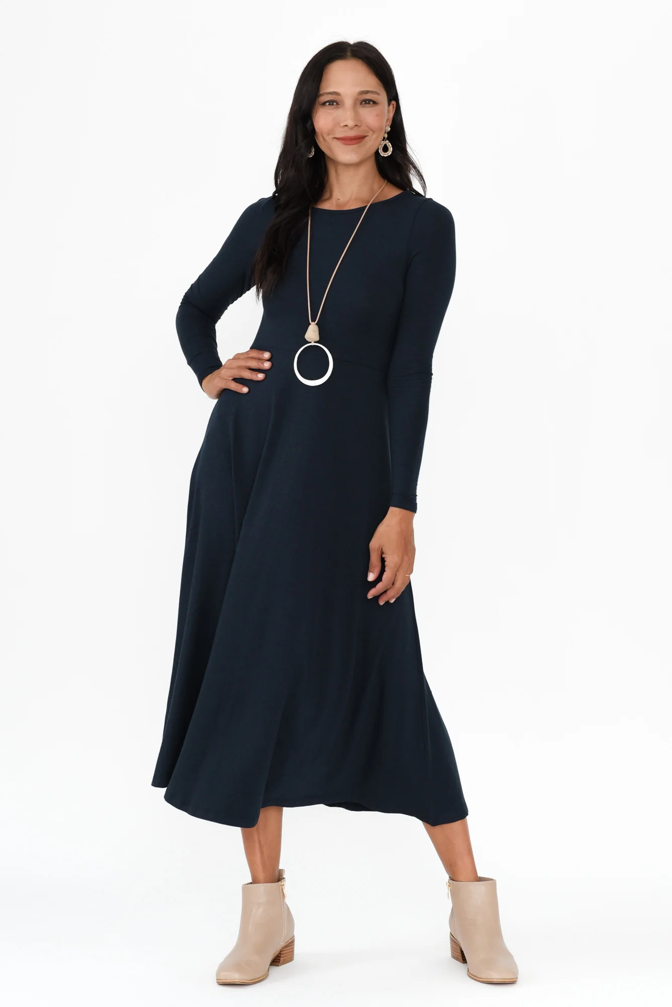Olivia Dark Navy Bamboo Sleeved Dress - Image 6