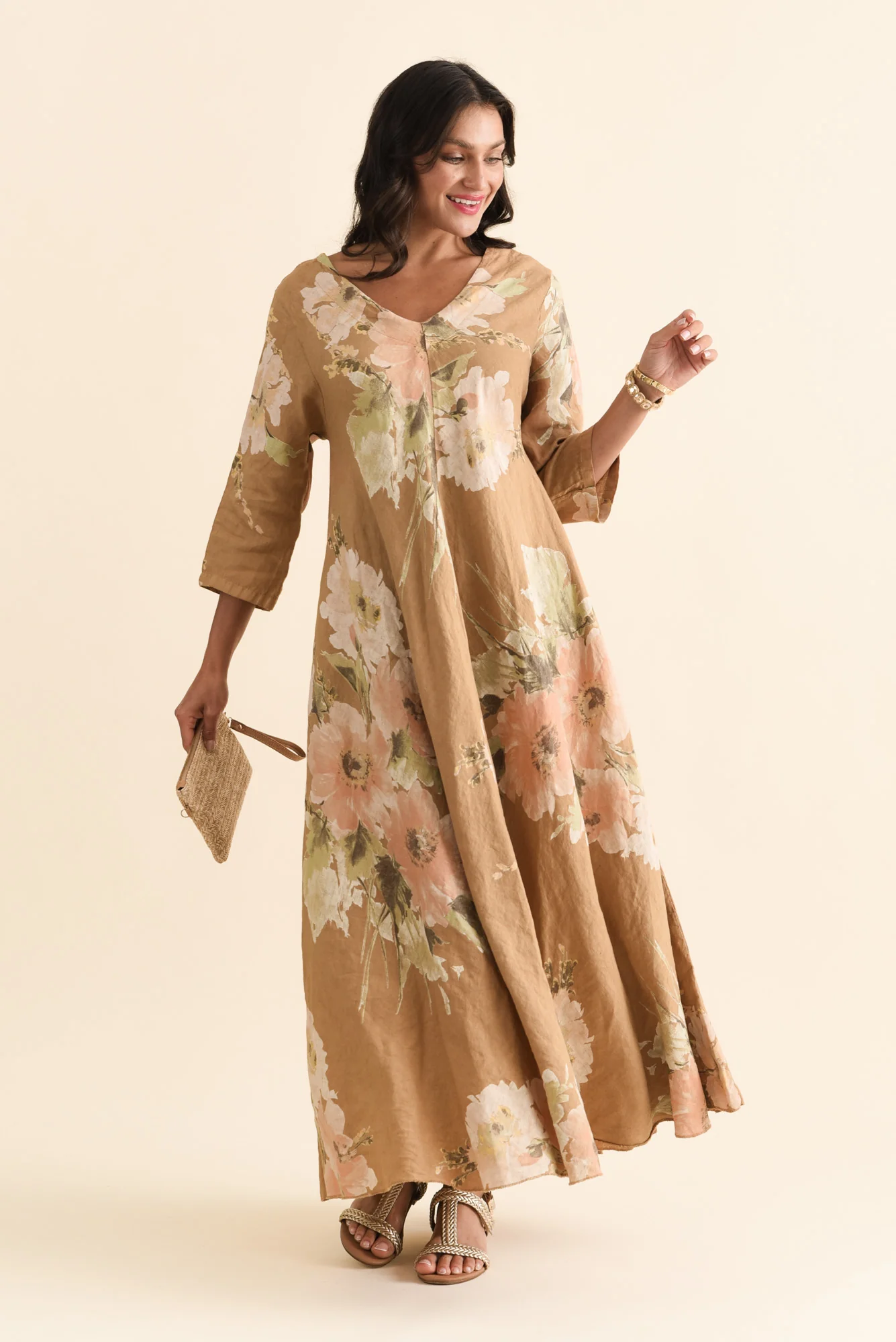 Oscar Tan Floral Linen Maxi Dress - Image 2