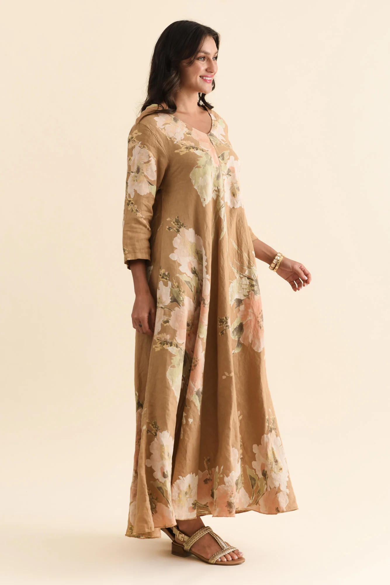 Oscar Tan Floral Linen Maxi Dress - Image 4