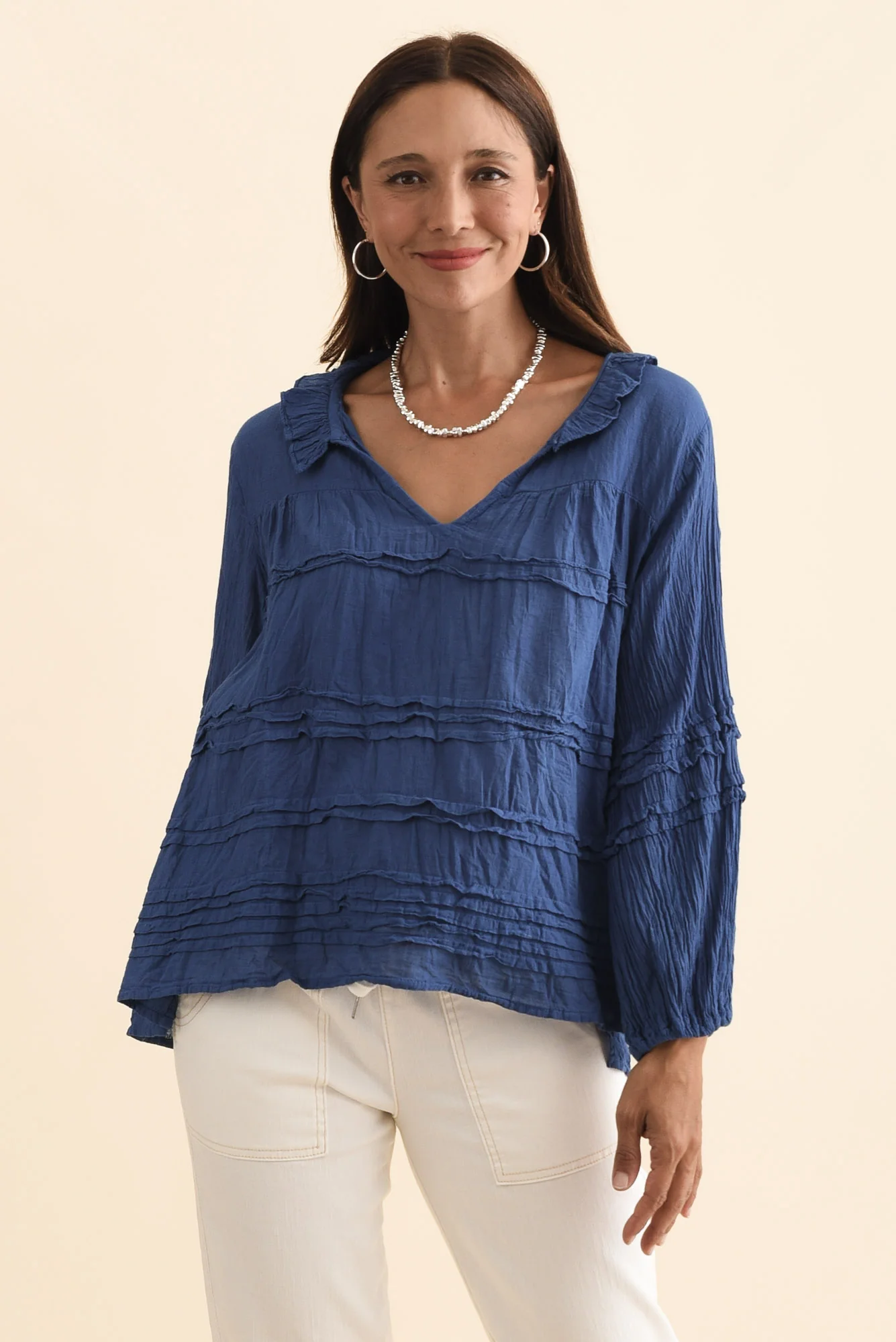 Palmer Navy Cotton Long Sleeve Top