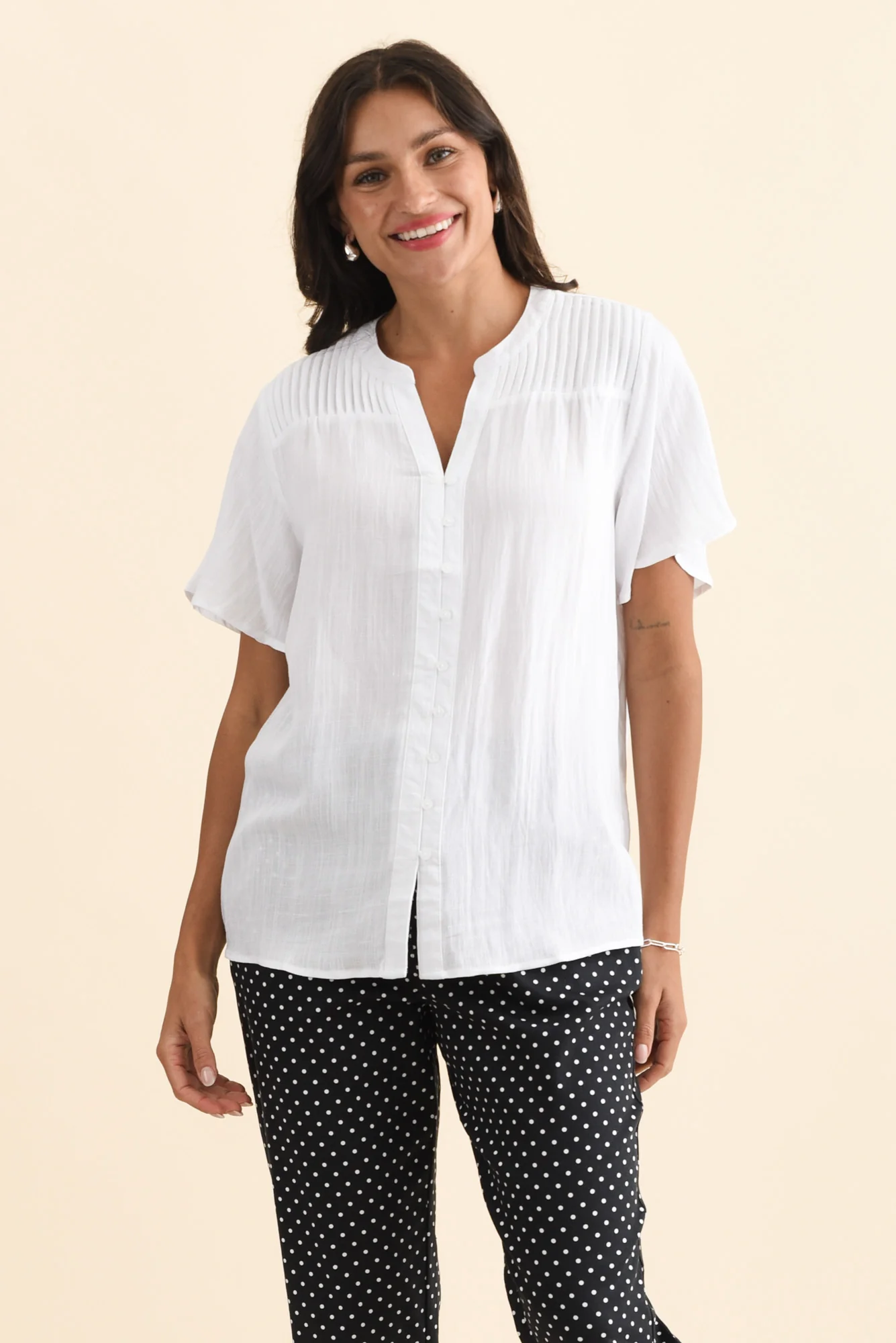 Ponny White Linen Blend Button Top