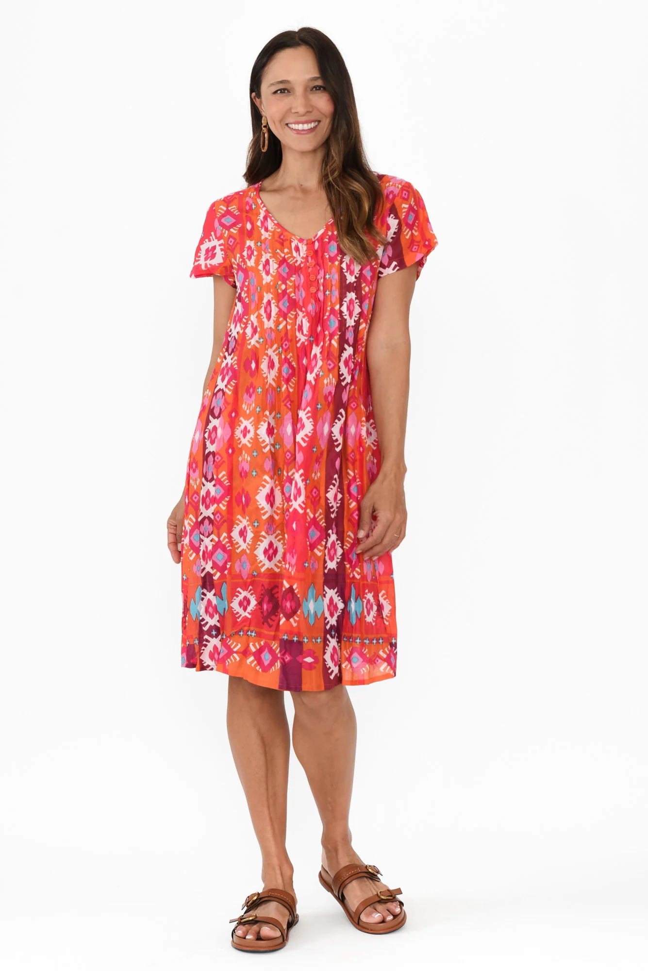 Sabina Red Geo Crinkle Cotton Dress - Image 2