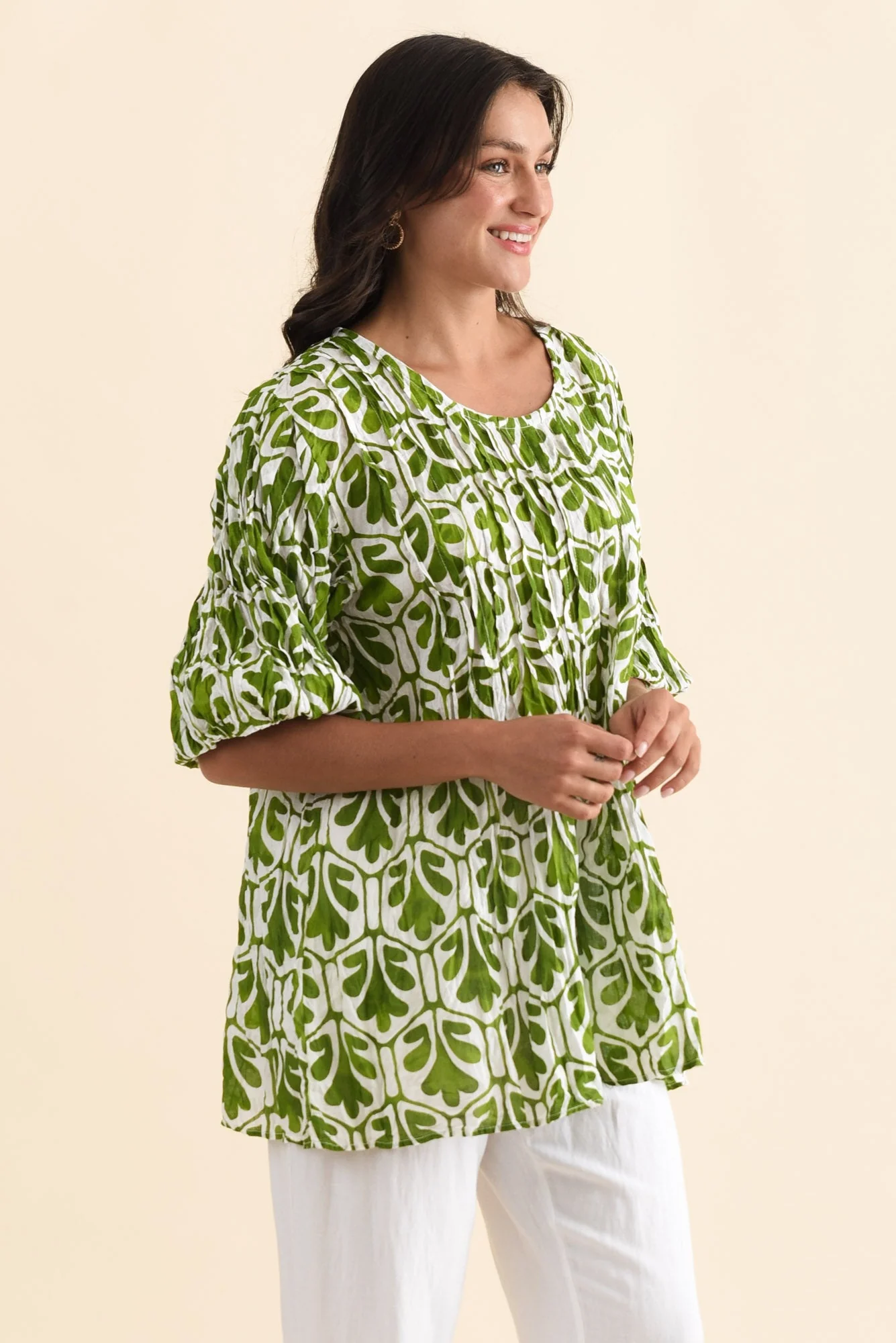 Selma Green Abstract Crinkle Cotton Top - Image 4