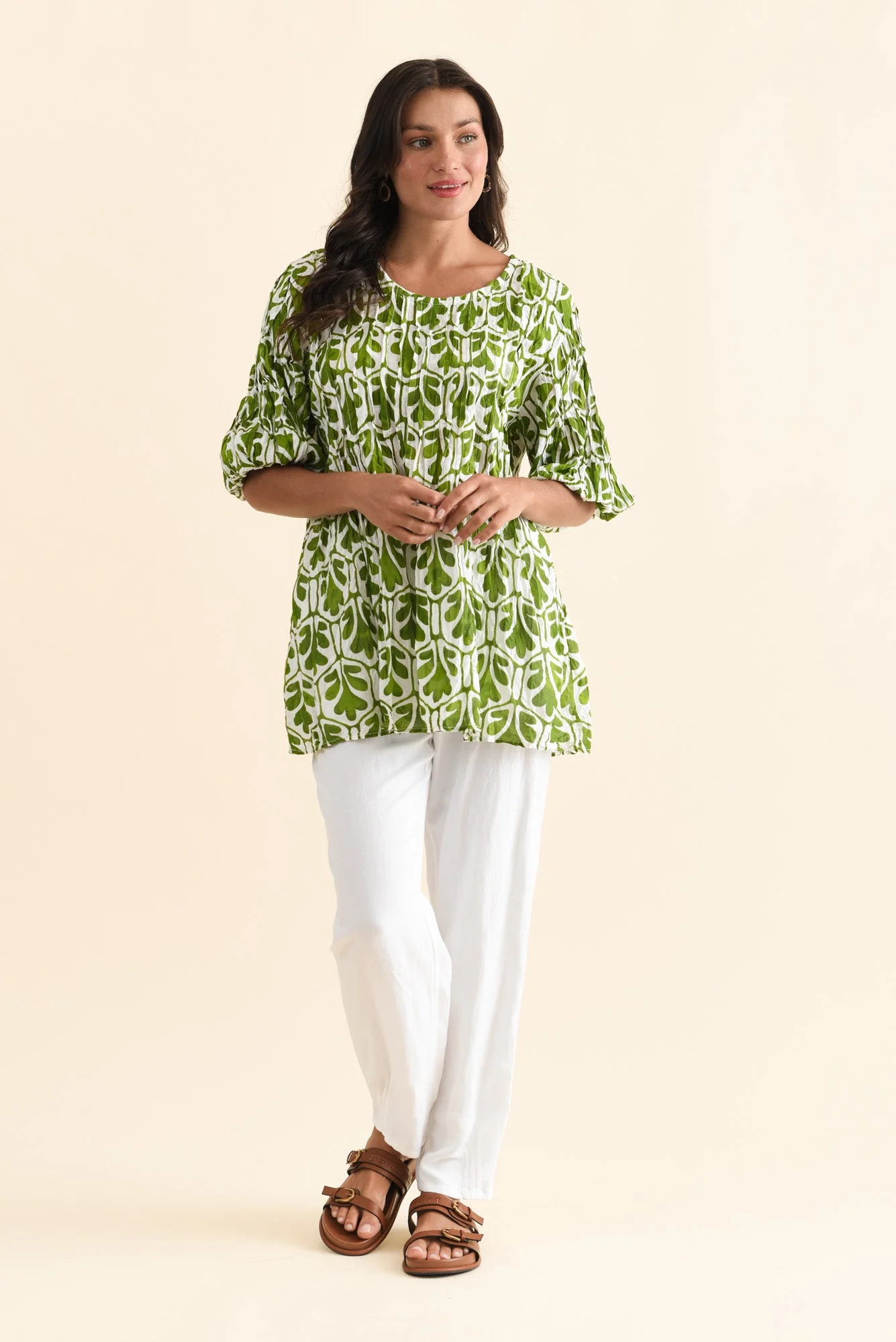 Selma Green Abstract Crinkle Cotton Top - Image 7